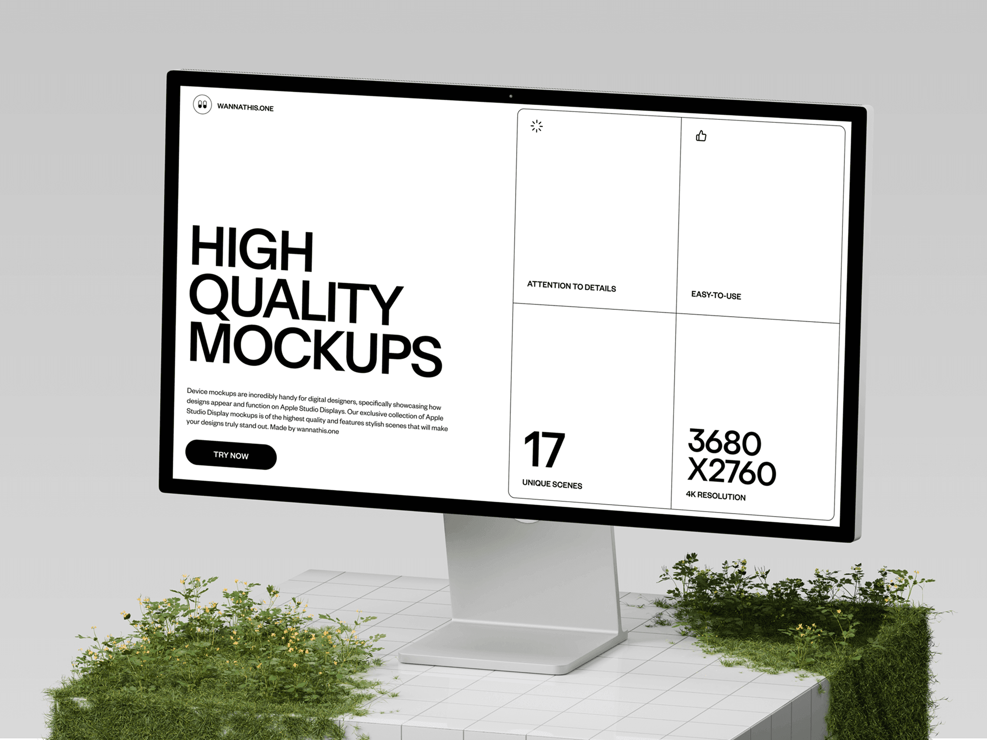 Studio Display mockup on modern tiled surface with green plants