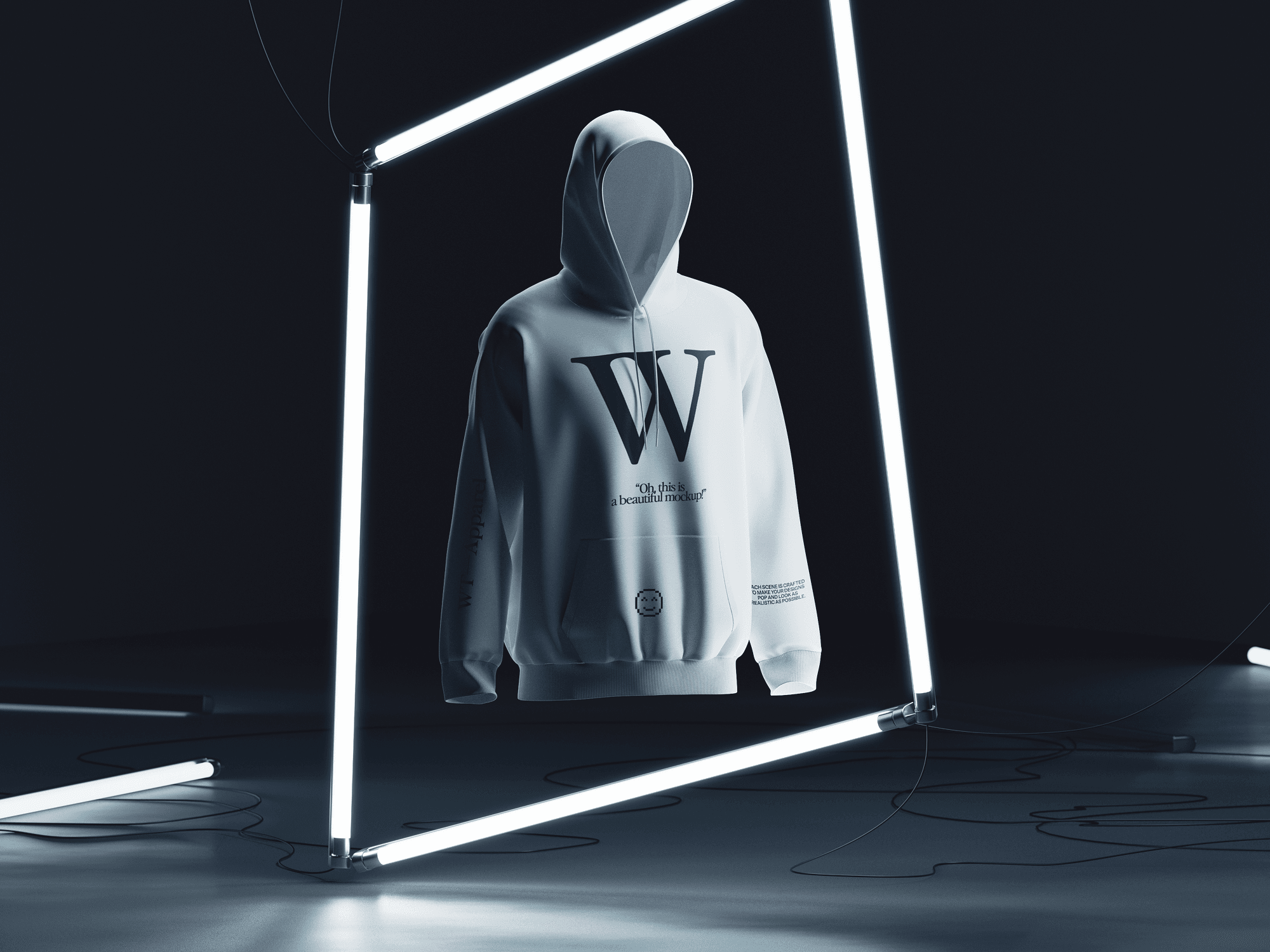 A white hoodie mockup floating in a dark futuristic setting with illuminated neon light frames.