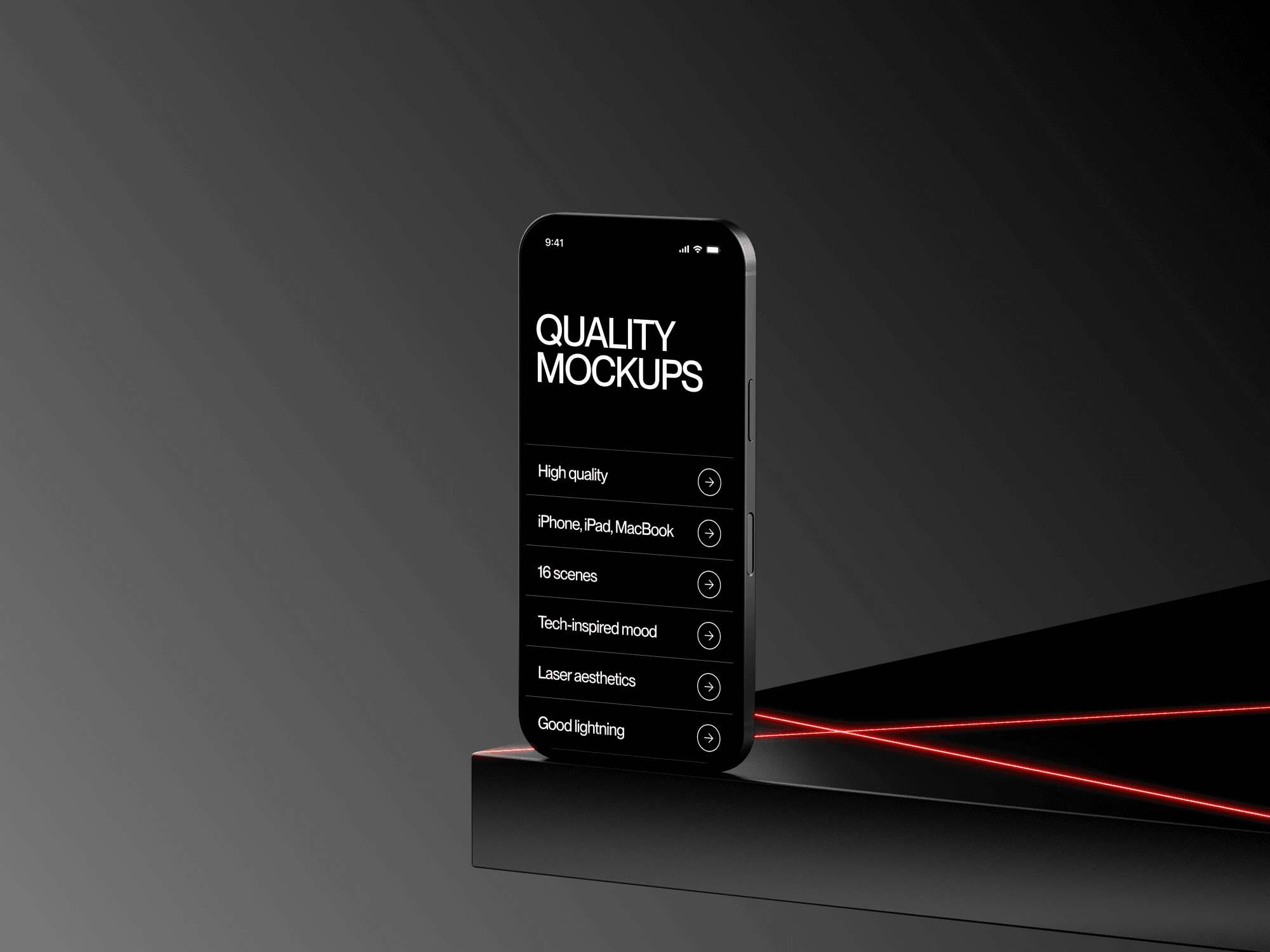Sleek phone mockup standing on a dark platform with red laser accents
