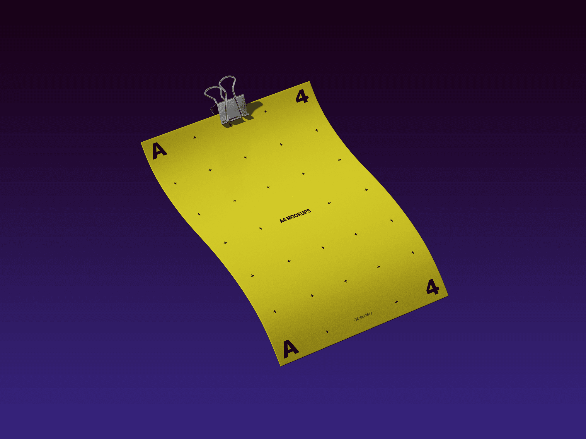 A yellow A4 paper mockup clipped and floating in a dark gradient background.
