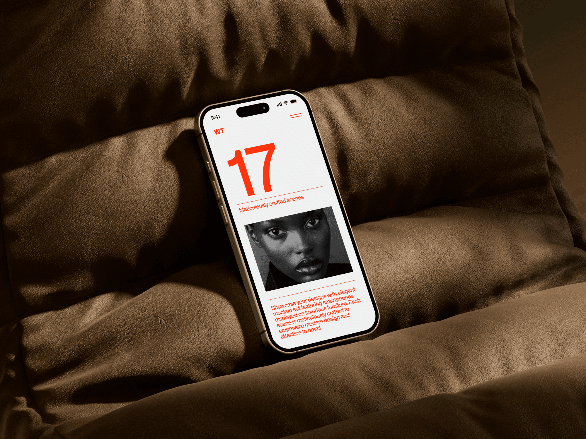 iPhone 16 mockup on a brown suede cushion with dramatic lighting.