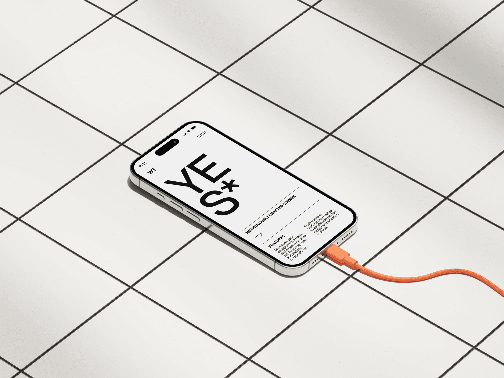 iPhone 16 mockup on a white tiled surface with an orange charging cable.