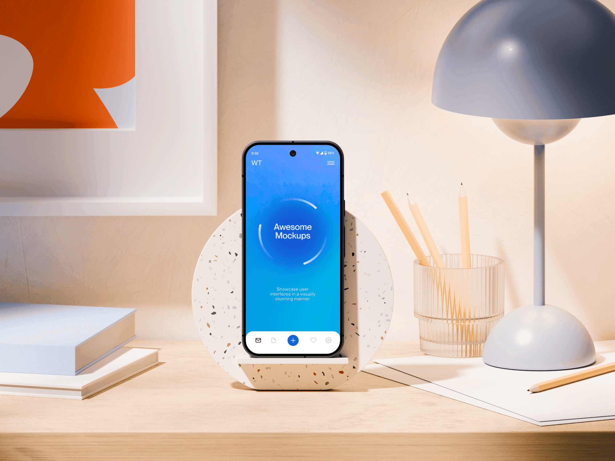 Google Pixel 9 Pro mockup displayed in a cozy desk environment with warm lighting.