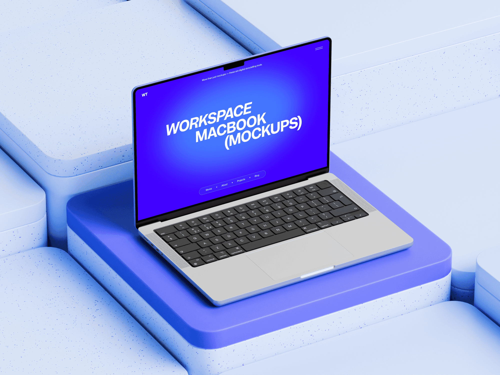 Workspace MacBook Pro mockup placed on a structured blue platform