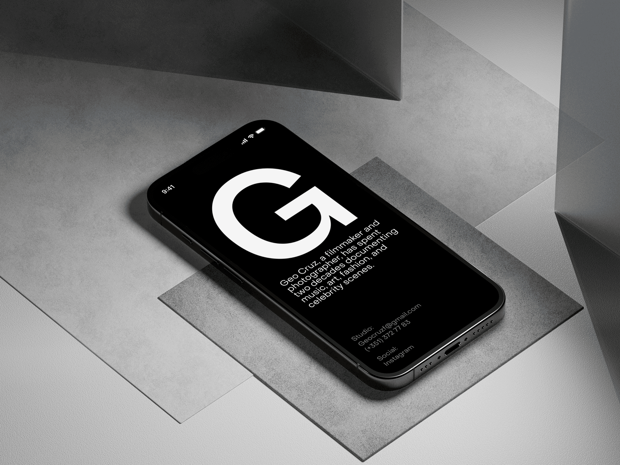 Premium iPhone 15 Pro mockup with modern geometric surfaces