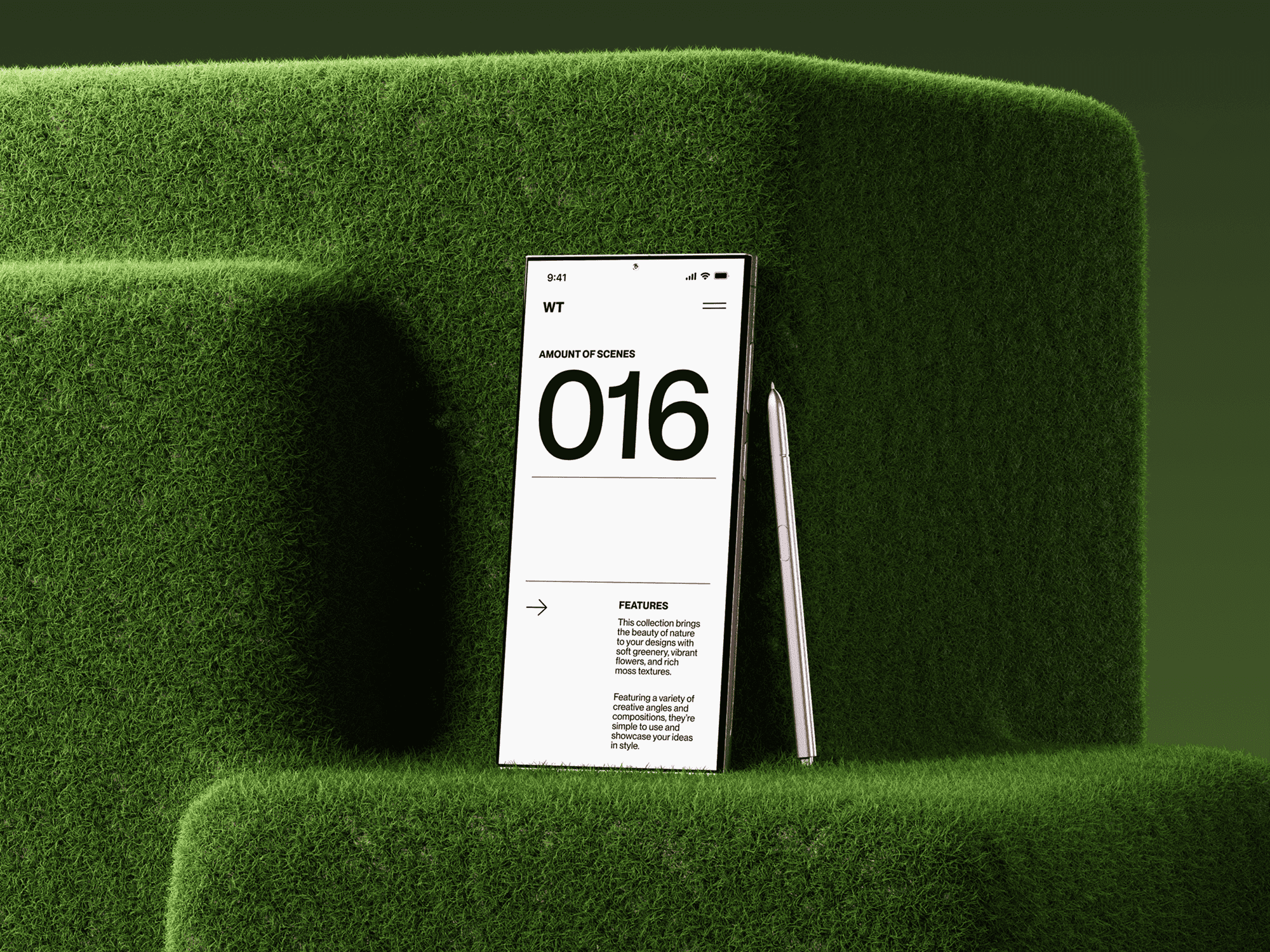 Galaxy S24 mockup leaning on mossy steps with a silver stylus.