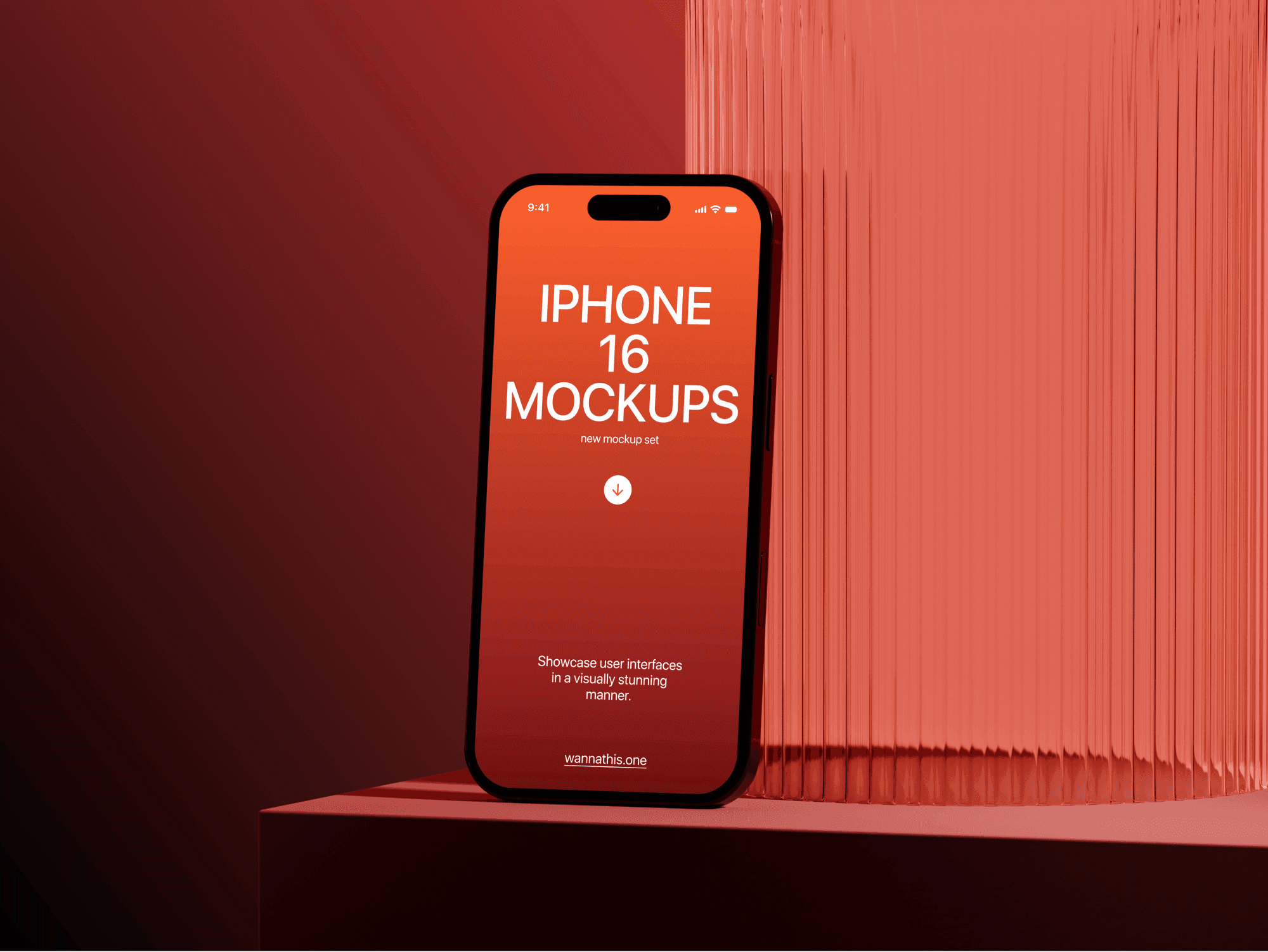 iPhone 16 Pro mockup standing on a simple textured stand