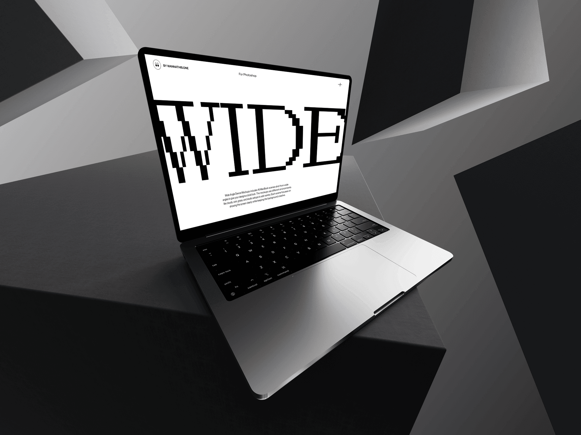 MacBook mockup in minimal abstract black and gray scene with WIDE text