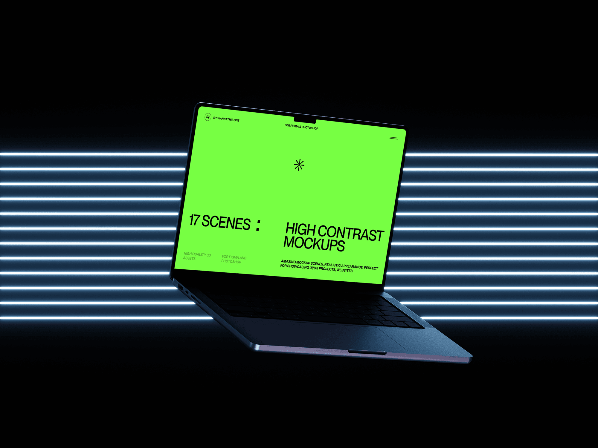 Floating laptop mockup with a neon green screen and high contrast design.