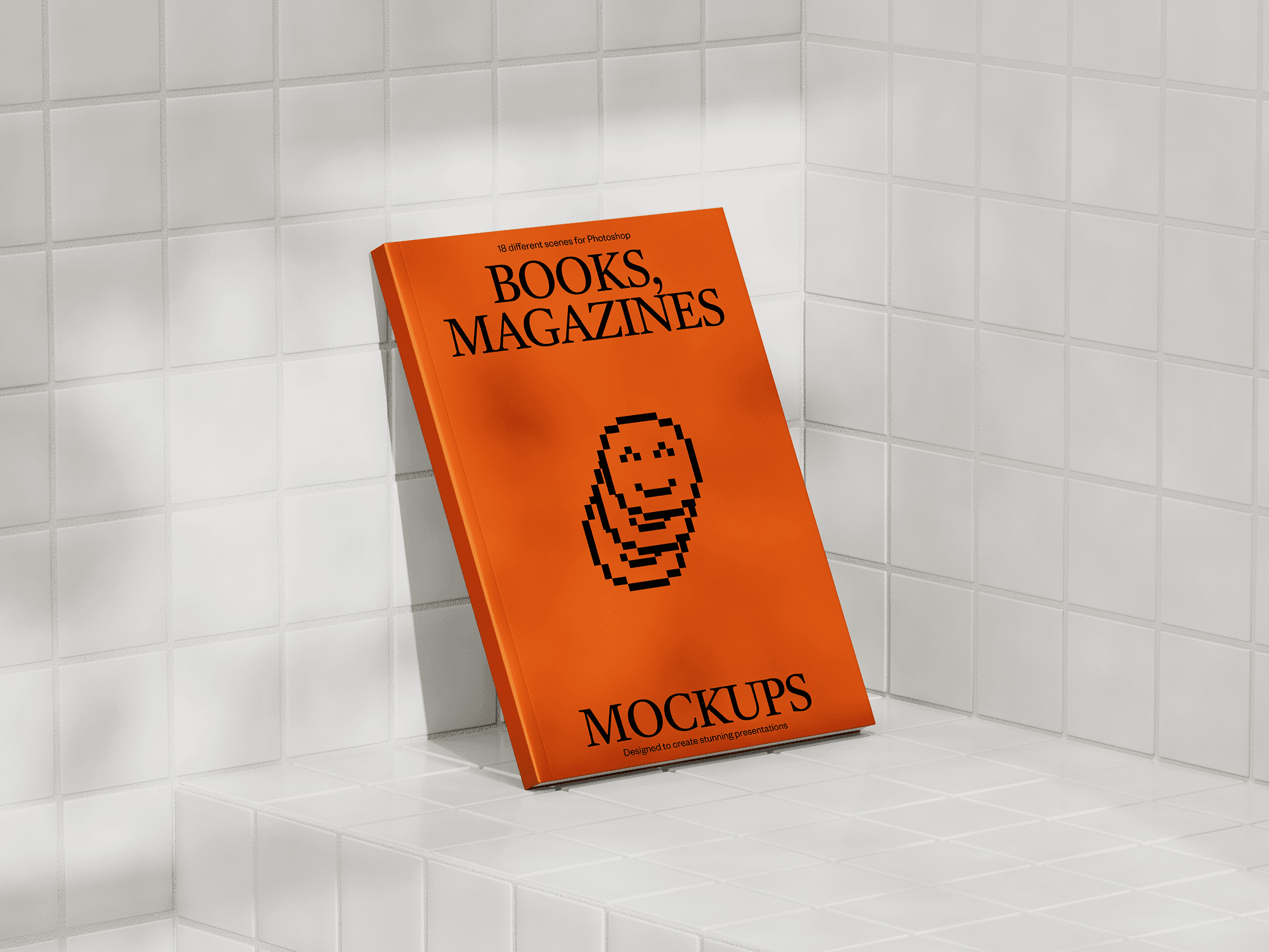 A book mockup with an orange cover placed against a white tiled background