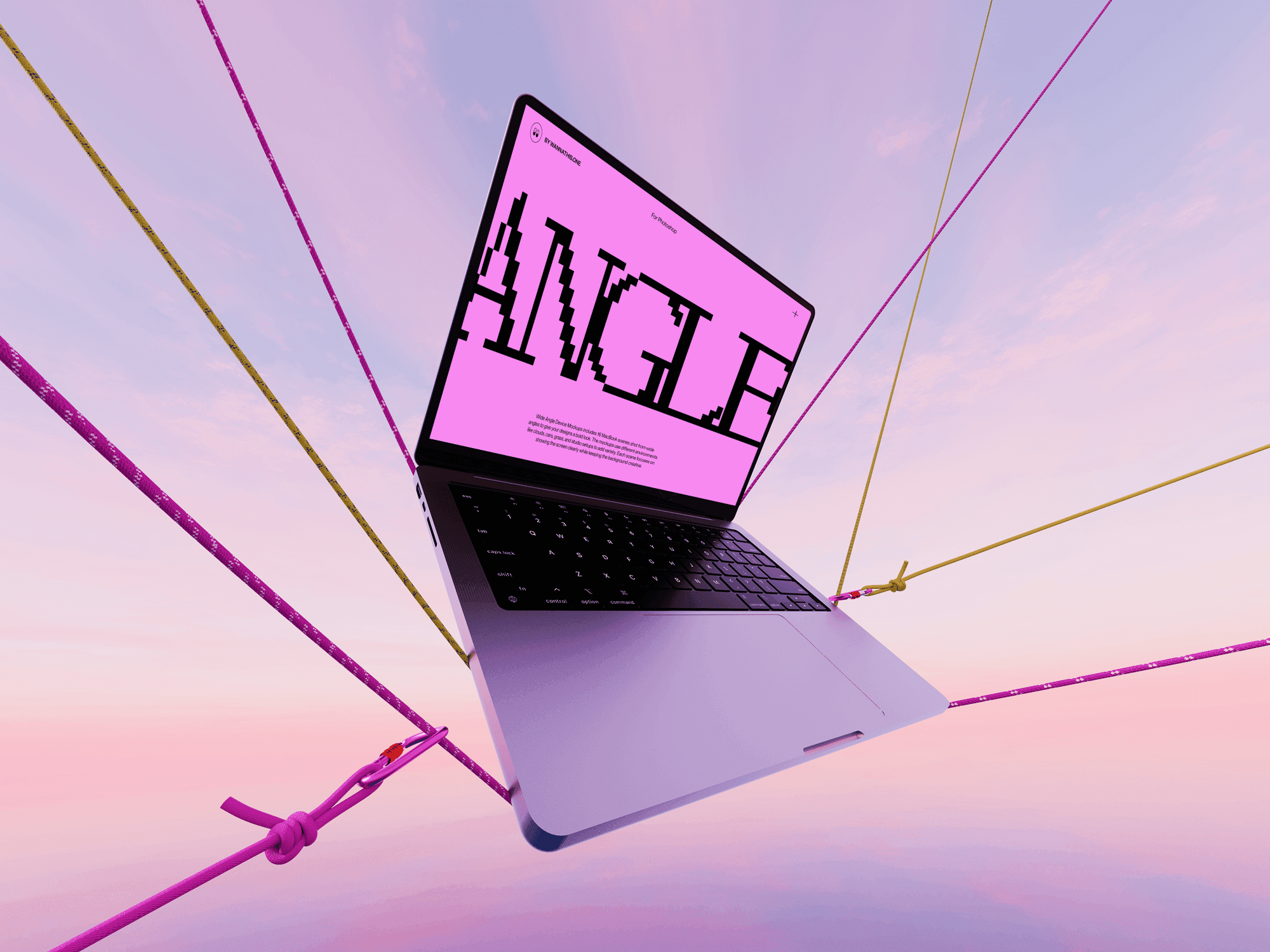 MacBook mockup suspended by ropes in pink sky with ANGLE text