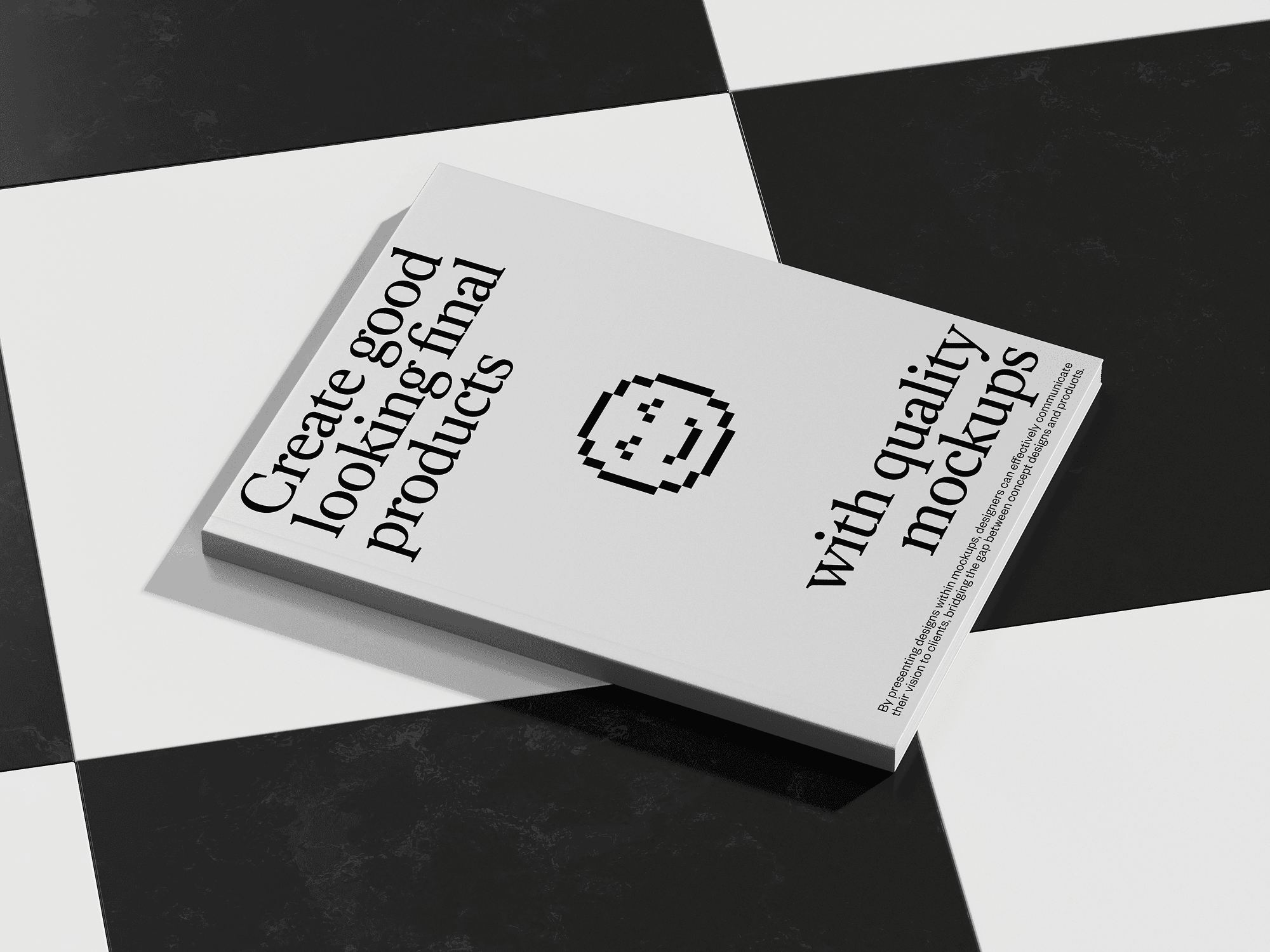 A white book mockup lying on a black and white checkered surface