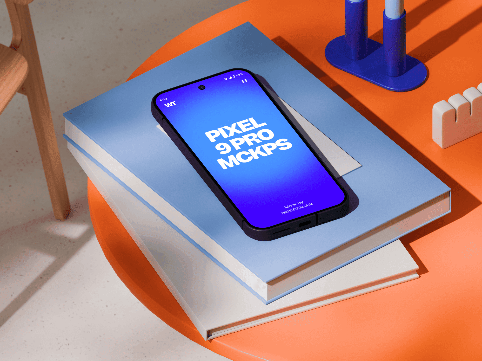 Google Pixel 9 Pro mockup placed on stacked books in an artistic setup.