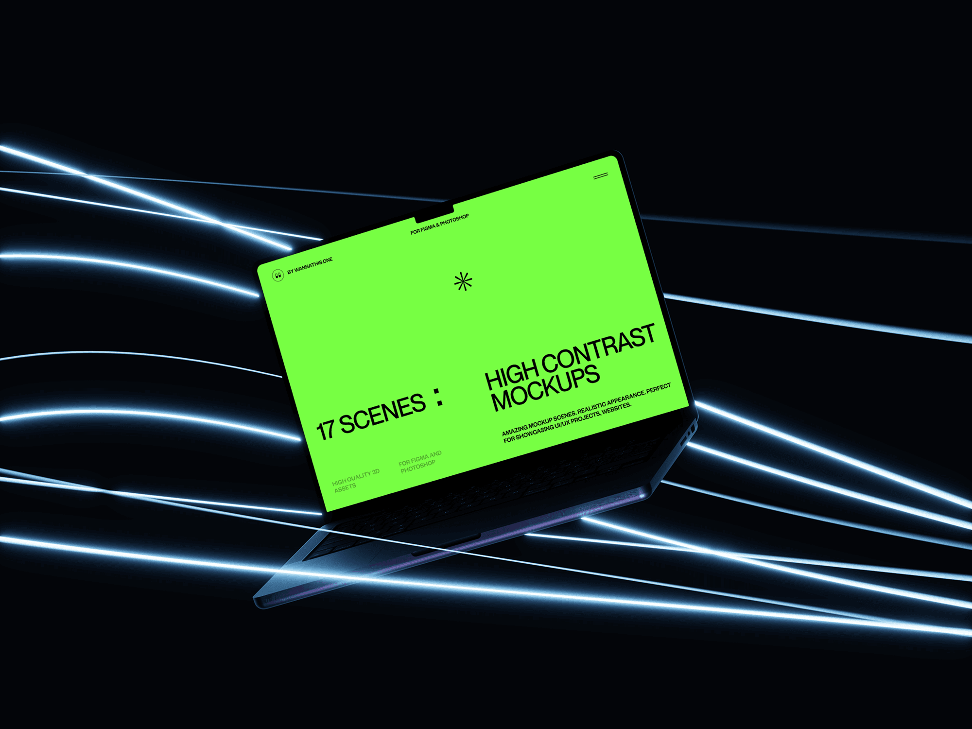 Laptop mockup with glowing light trails in the background.