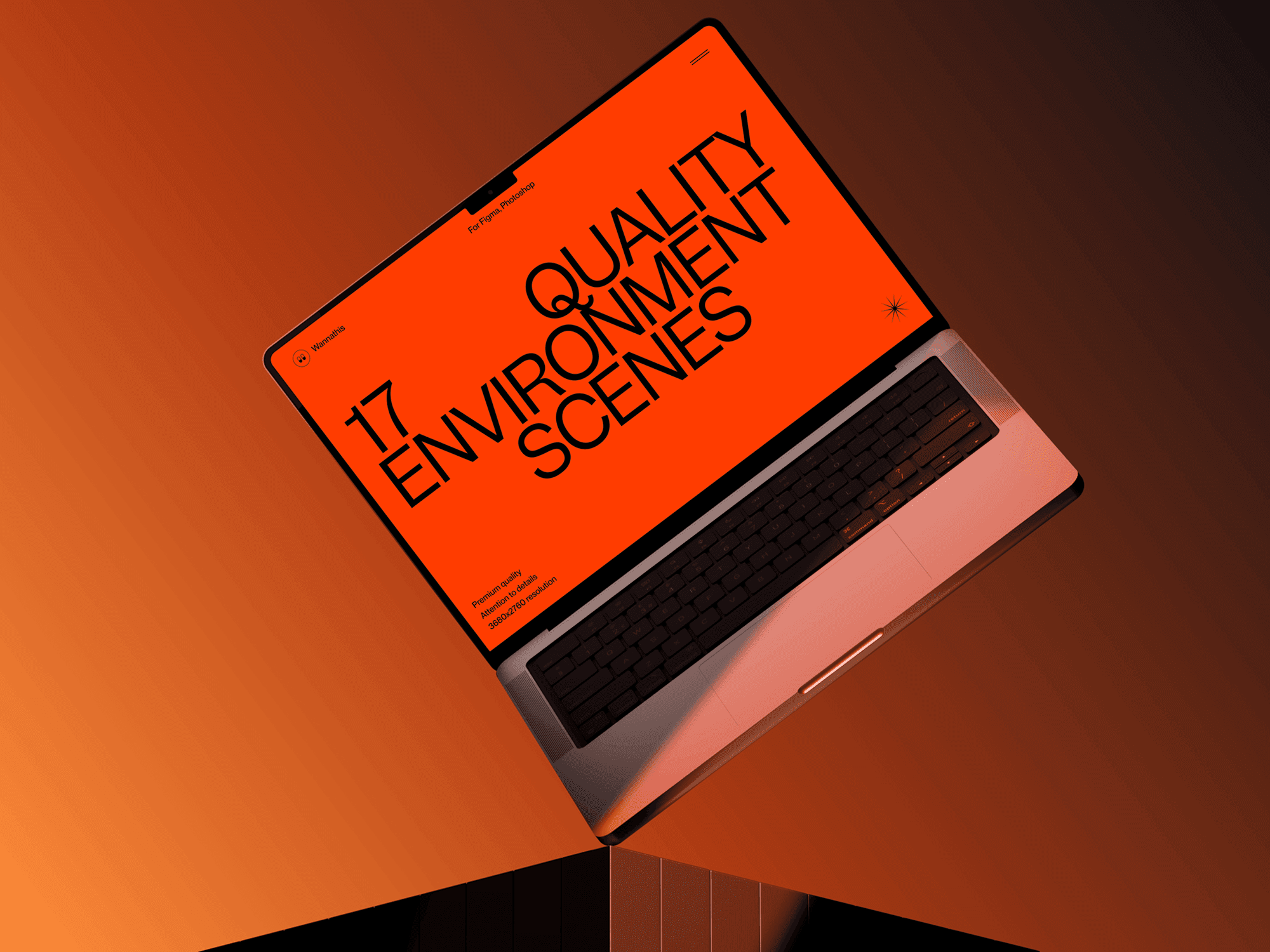 MacBook Pro mockup hanging from cables in mid-air