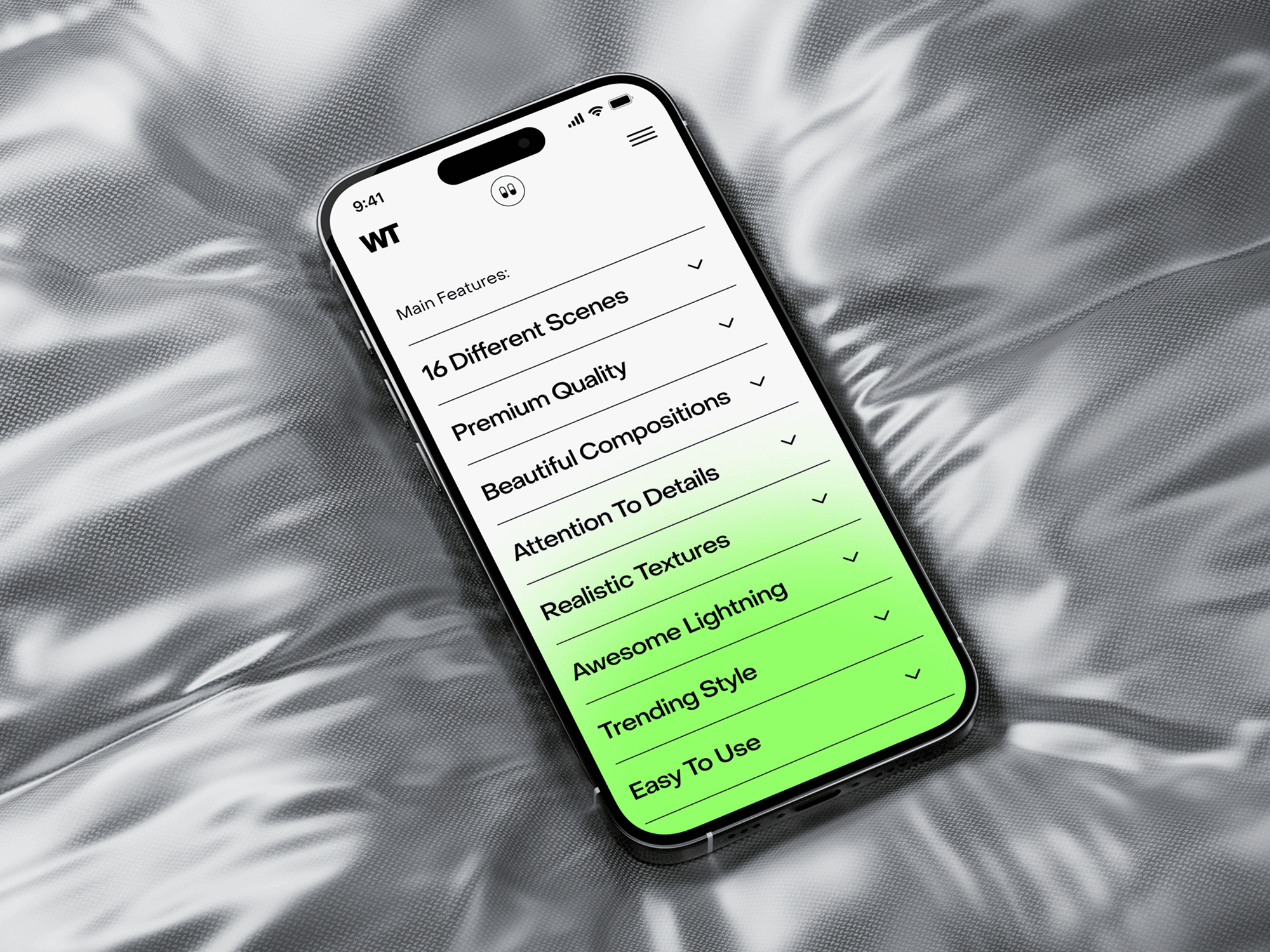 iPhone 15 Pro mockup on a reflective silver fabric background