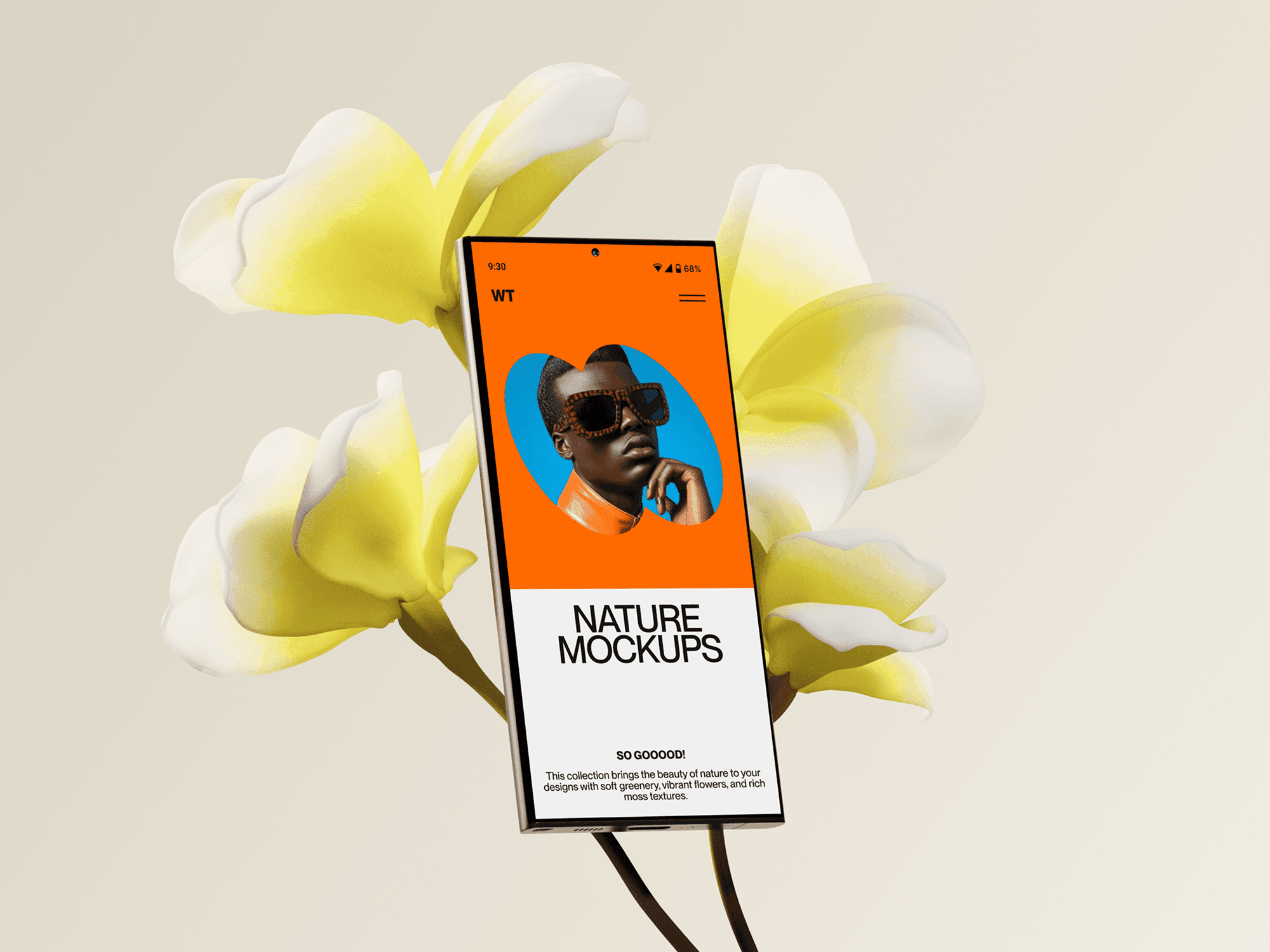 Galaxy S24 mockup floating among large yellow flowers.