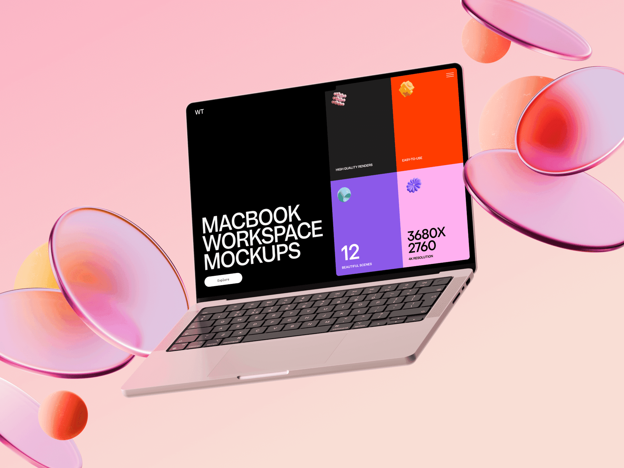 Workspace MacBook Pro mockup with levitating futuristic elements