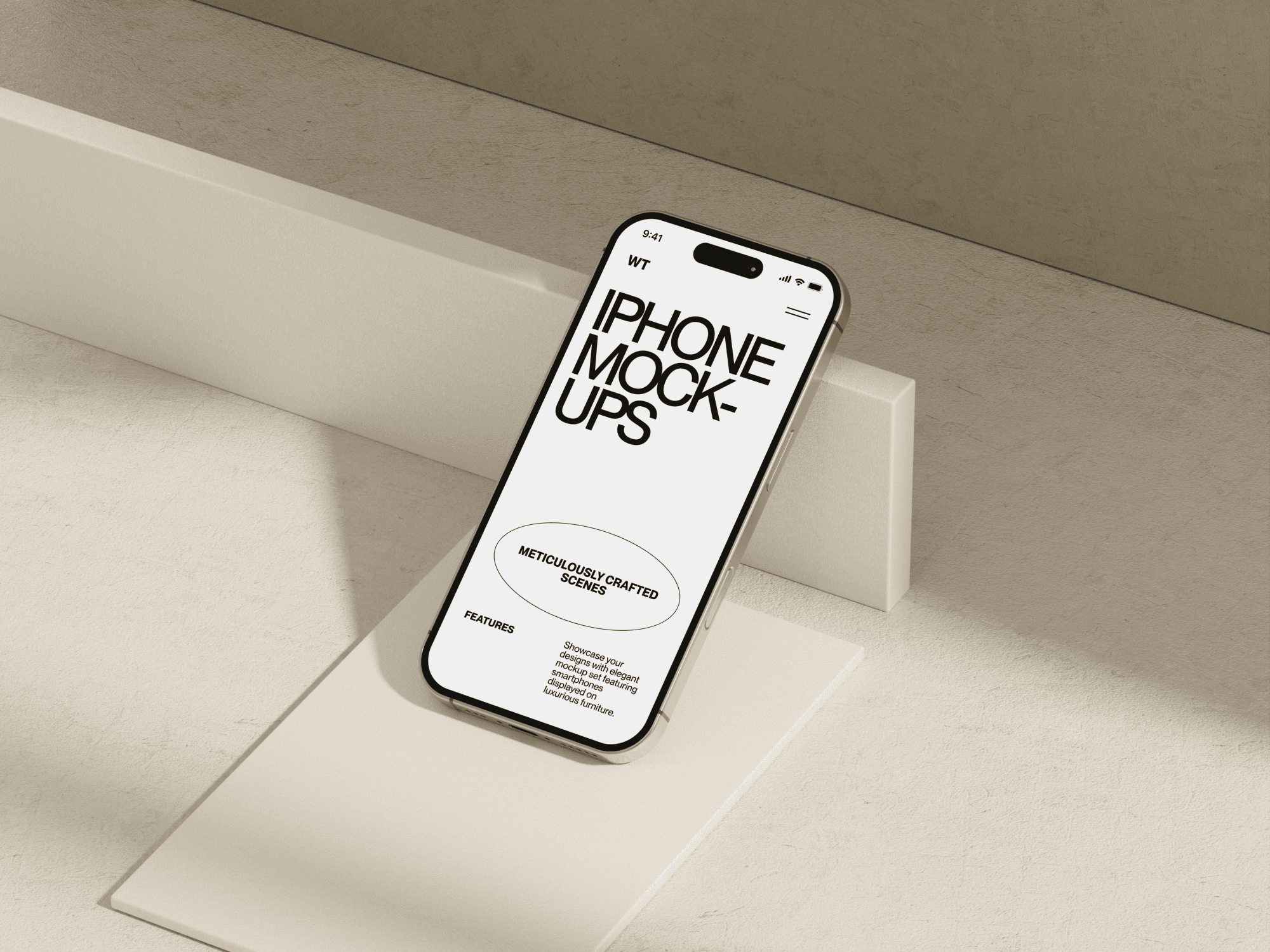 iPhone 16 mockup leaning on a geometric beige structure.