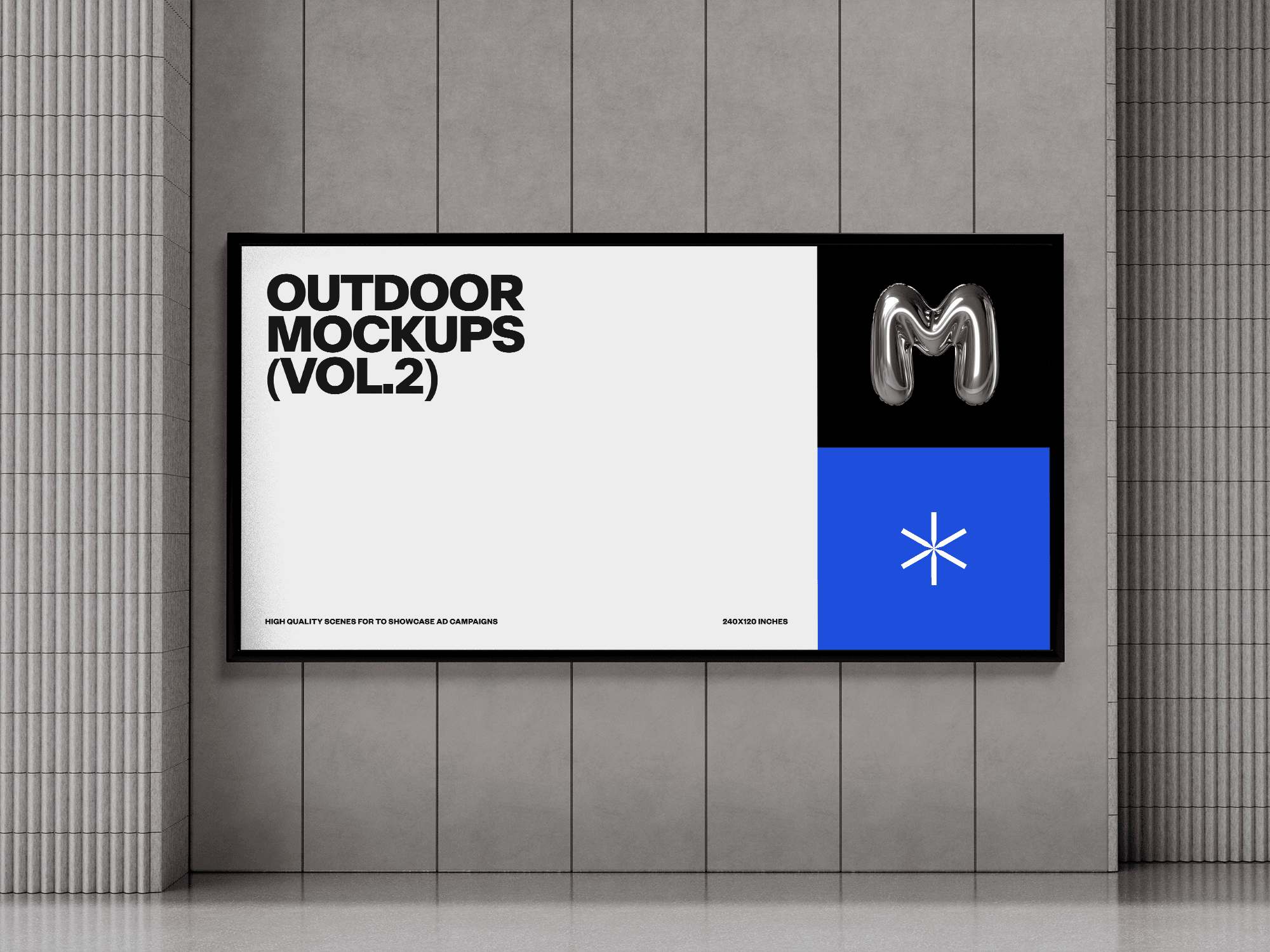 Large horizontal billboard mockup with a clean white layout in a modern building.