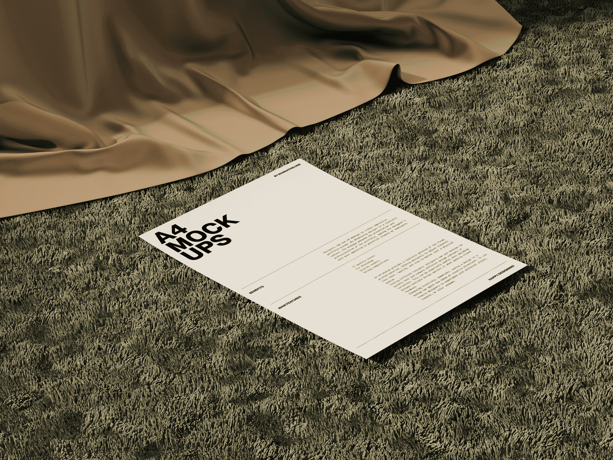 A beige A4 paper mockup resting on a grassy surface, partially covered by fabric.