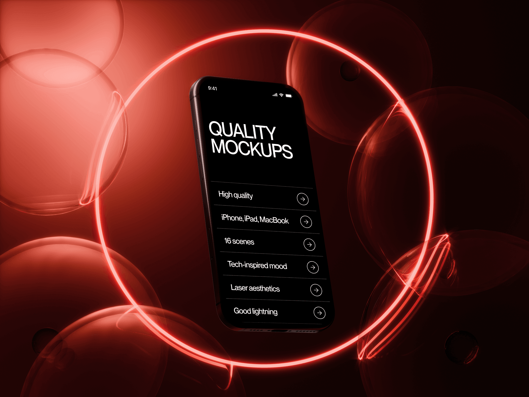 Phone mockup centered within a glowing neon circle and soft red light