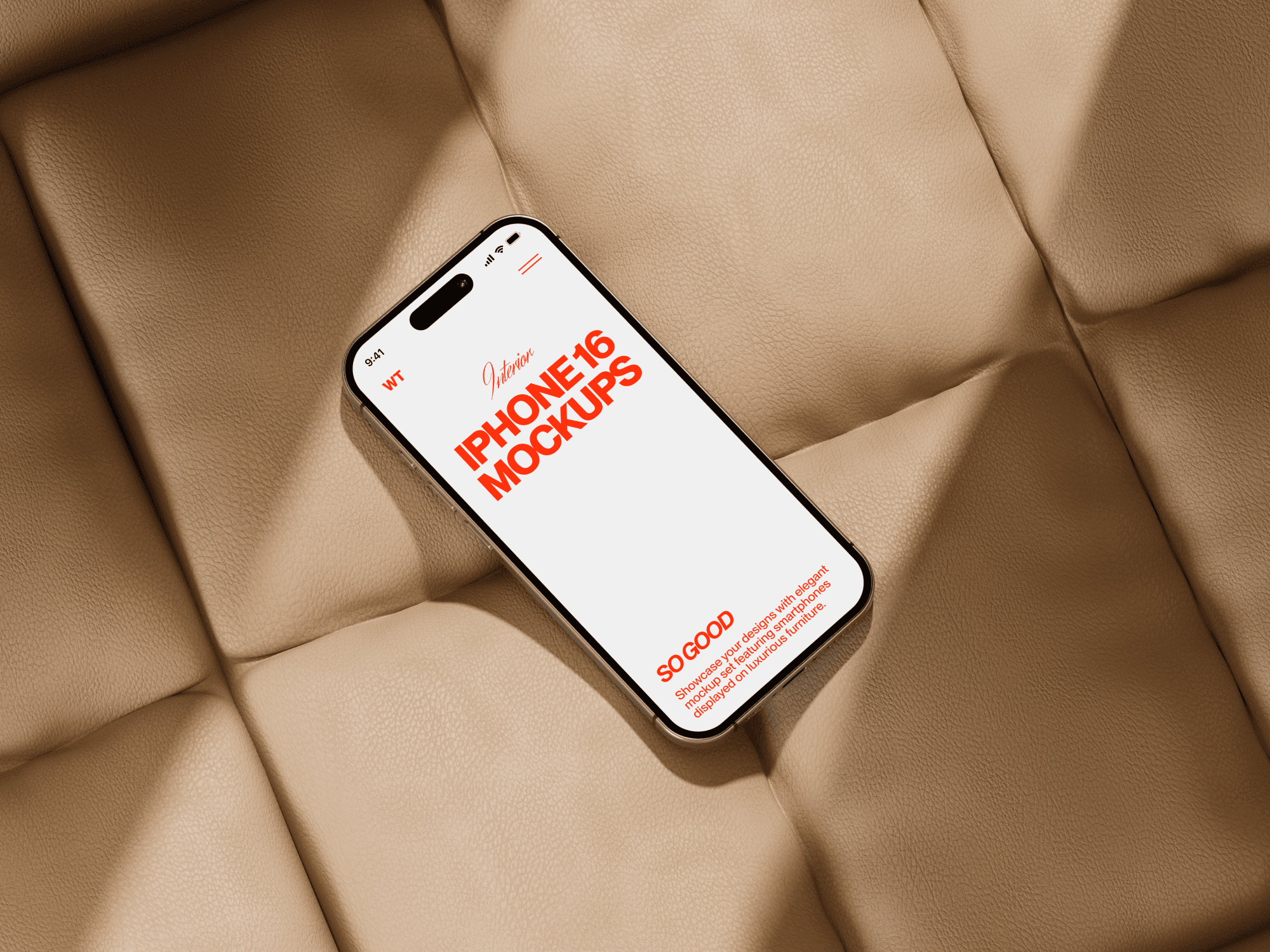 iPhone 16 mockup placed on a light beige quilted leather cushion.