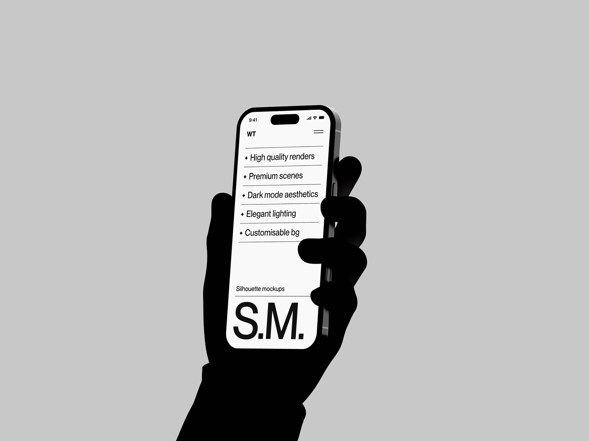 Silhouette of a hand holding a smartphone mockup.