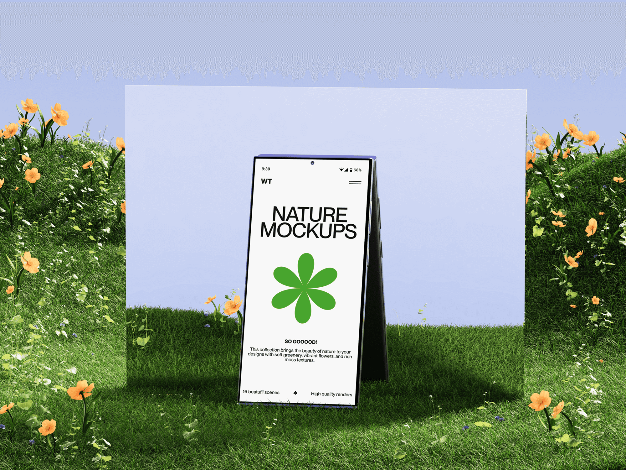 Galaxy S24 mockup standing in a grassy field with yellow flowers.