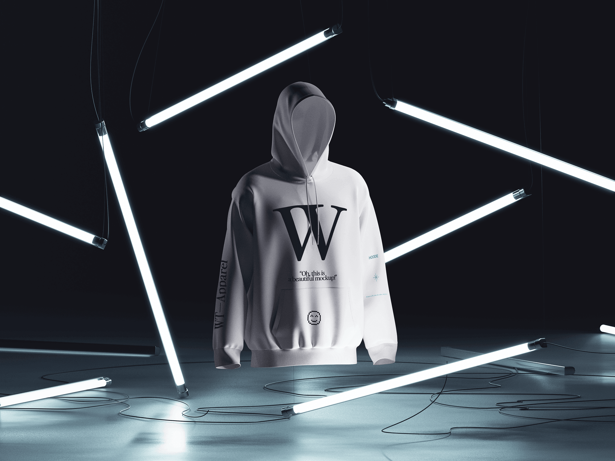 A white hoodie mockup floating in a dark environment surrounded by suspended neon tube lights.