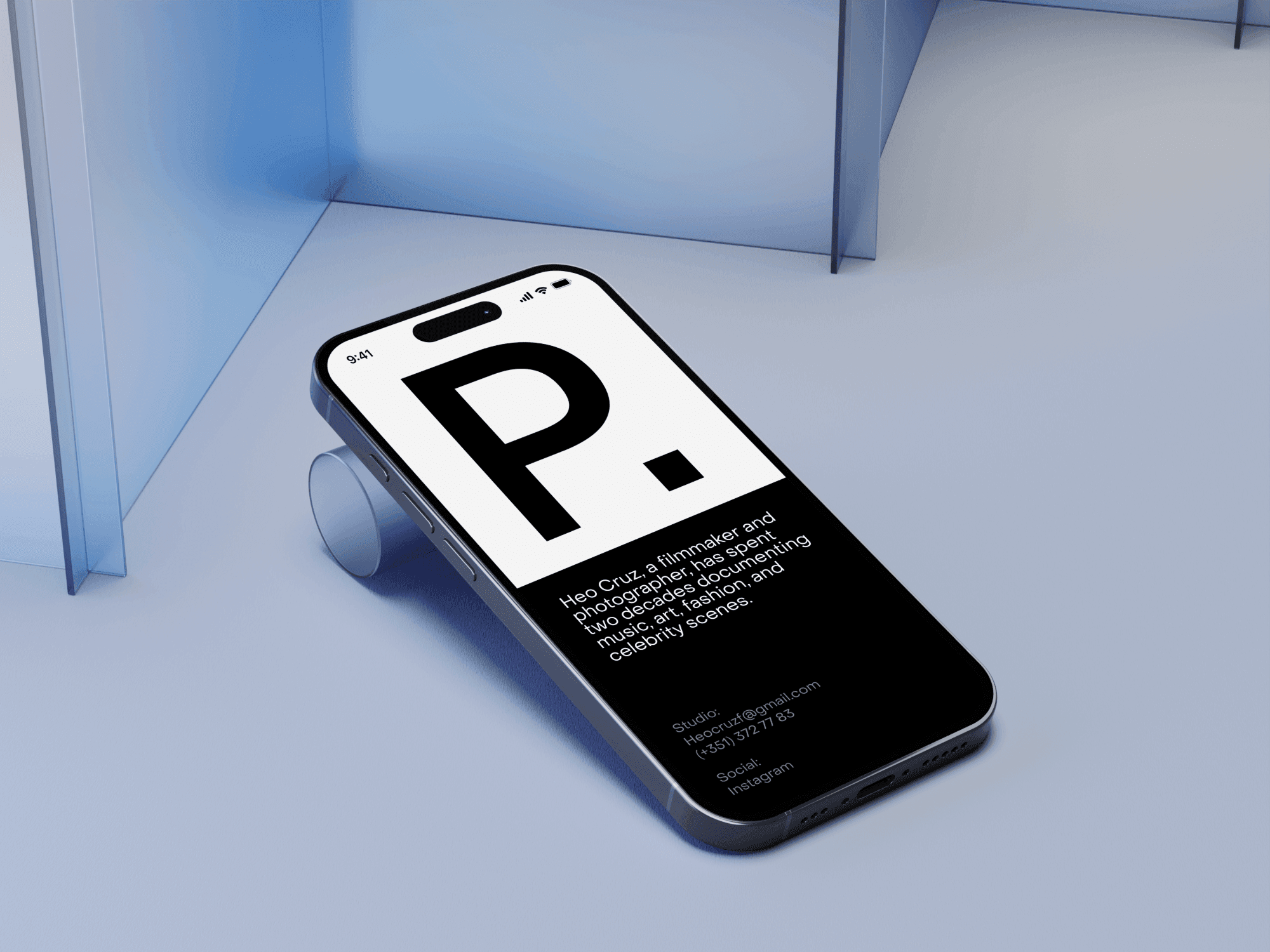 iPhone 16 Pro mockup leaning against a minimal shelf structure