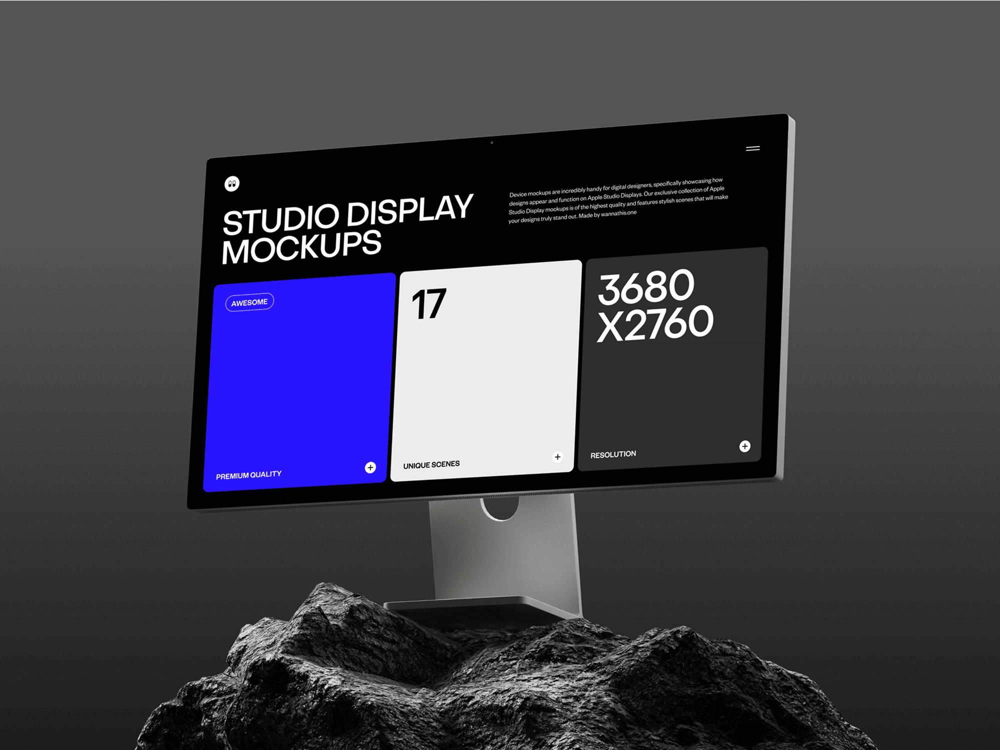 Angled view of a studio display showcasing a modern UI design with contrast elements
