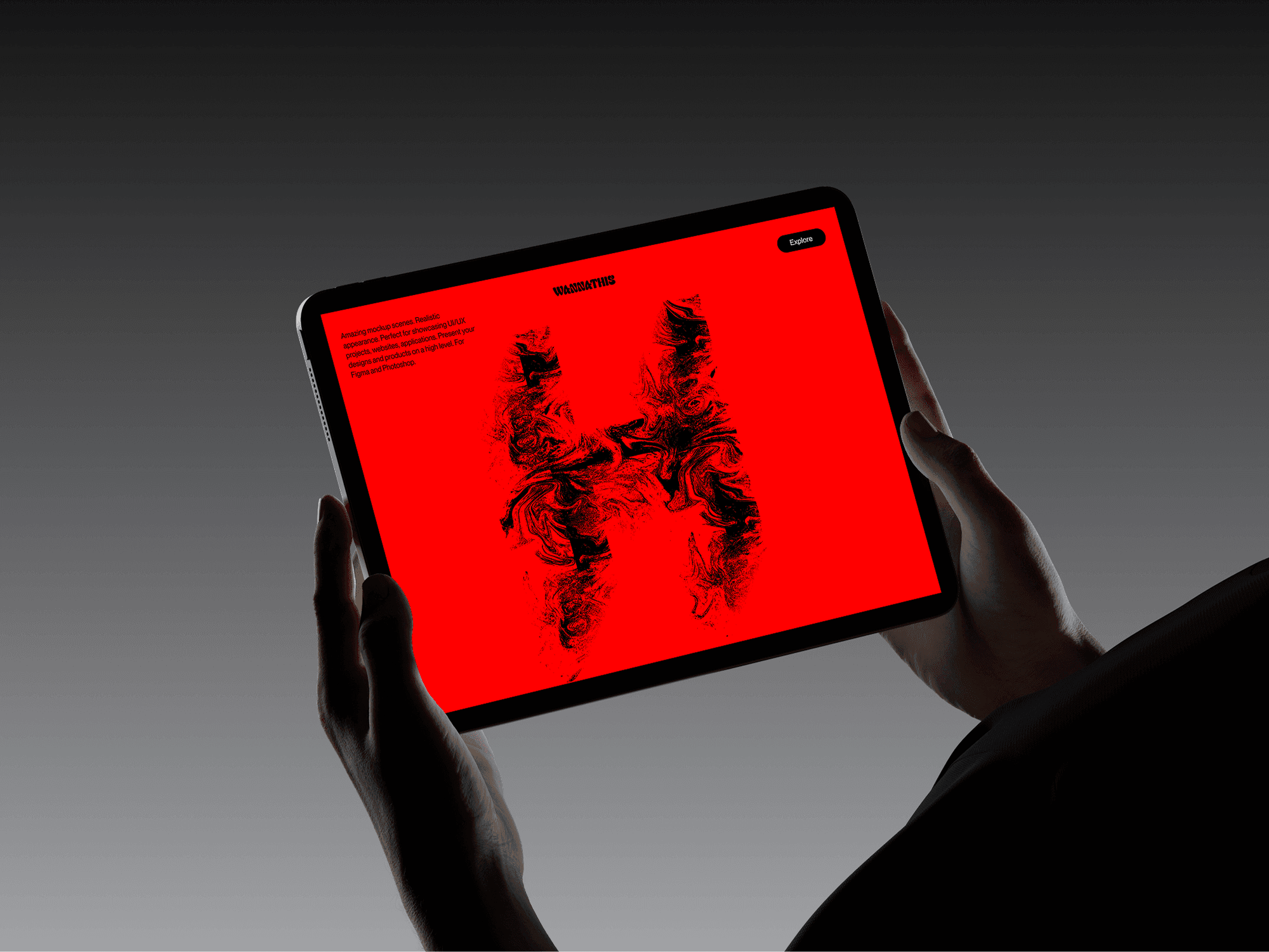 iPad in landscape mode held with both hands on a dark minimal background