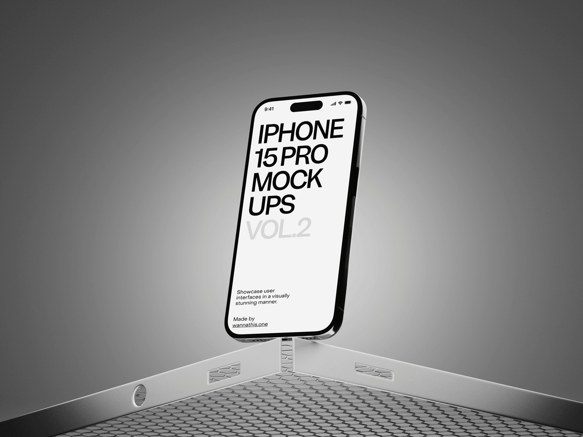Floating iPhone 15 Pro mockup on an industrial metal surface