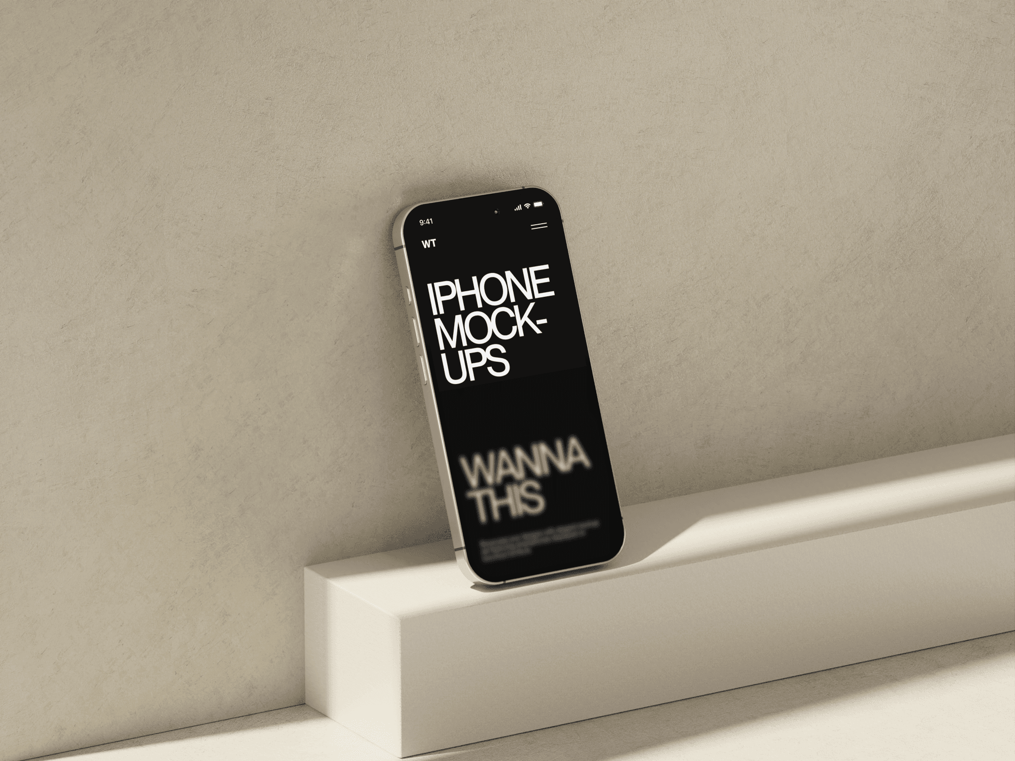 iPhone 16 mockup standing against a minimal beige wall.