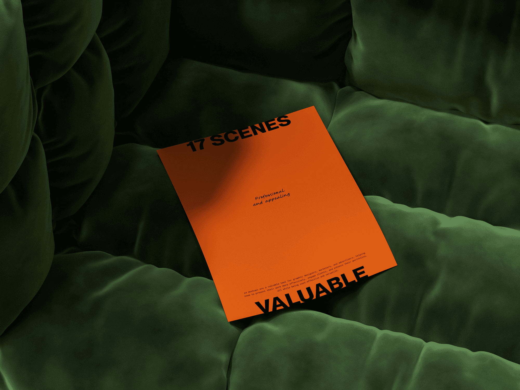 An orange A4 paper mockup placed on a deep green cushion with soft lighting.