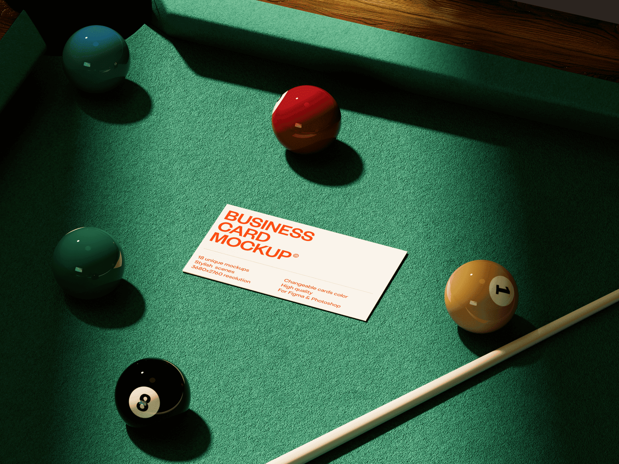 Business card mockup displayed on a billiards table with pool balls around.