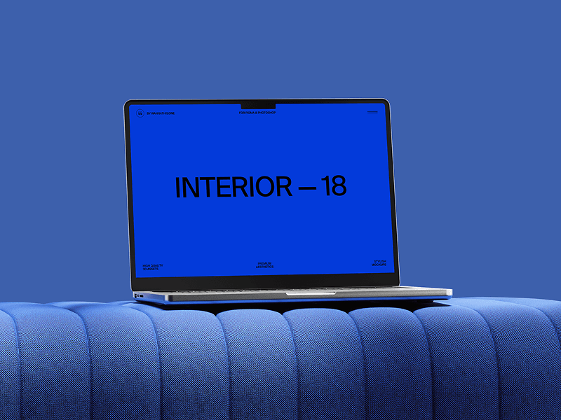 Laptop mockup on vibrant blue tufted seat with monochrome background