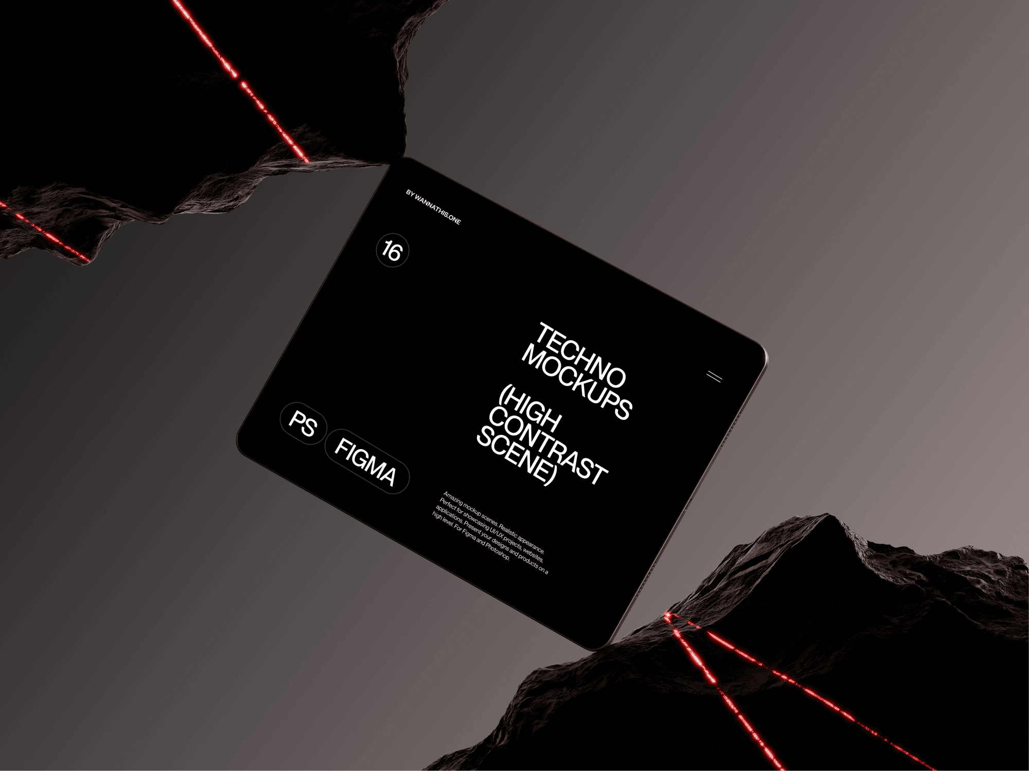 Floating tablet mockup above a rocky surface with dramatic lighting