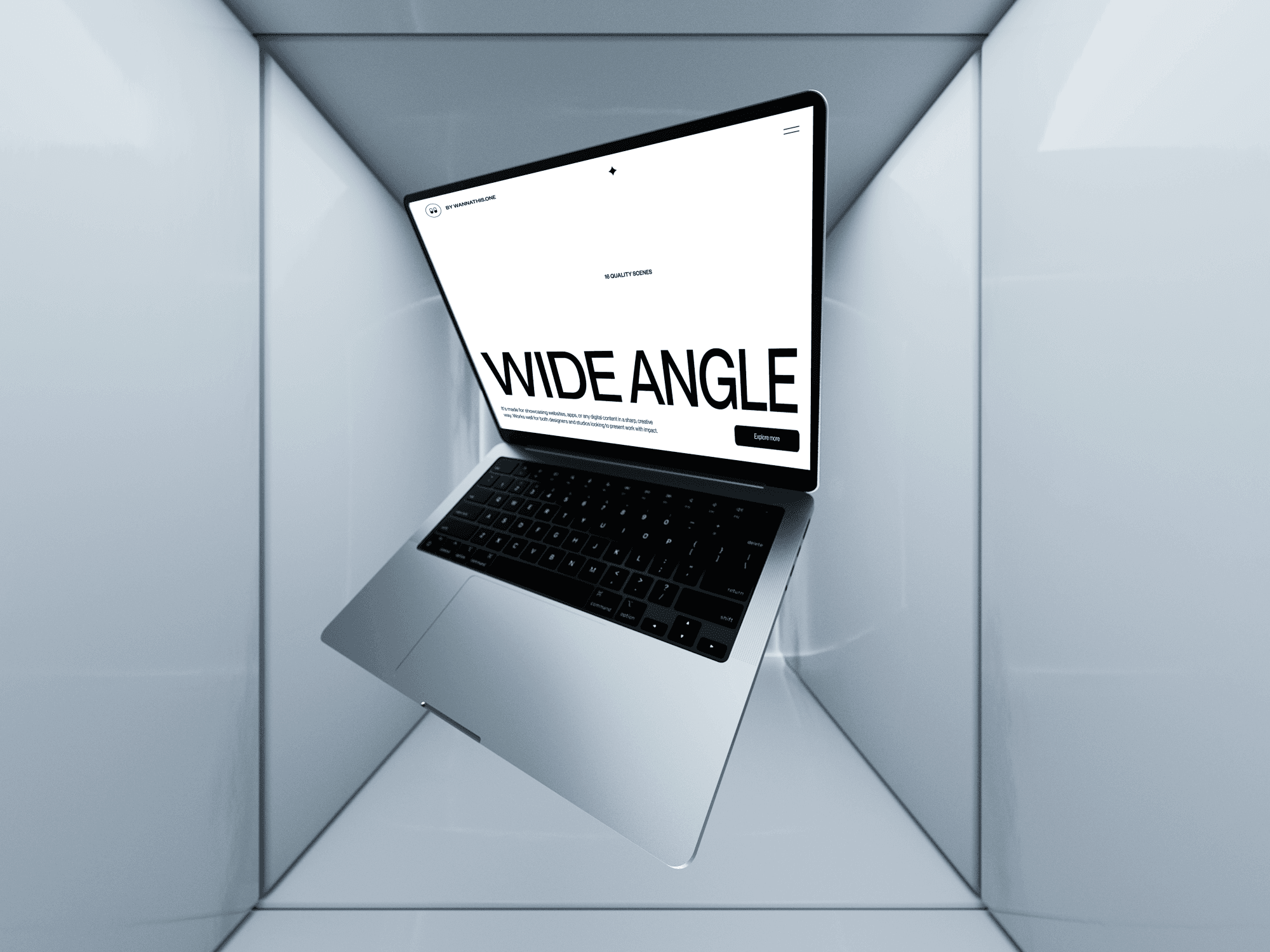 MacBook mockup inside a clean white glossy tunnel with WIDE ANGLE text