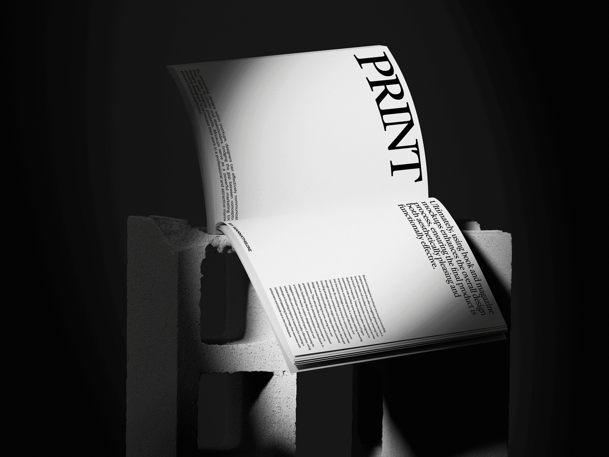 An open magazine mockup displayed on a concrete block with dramatic lighting