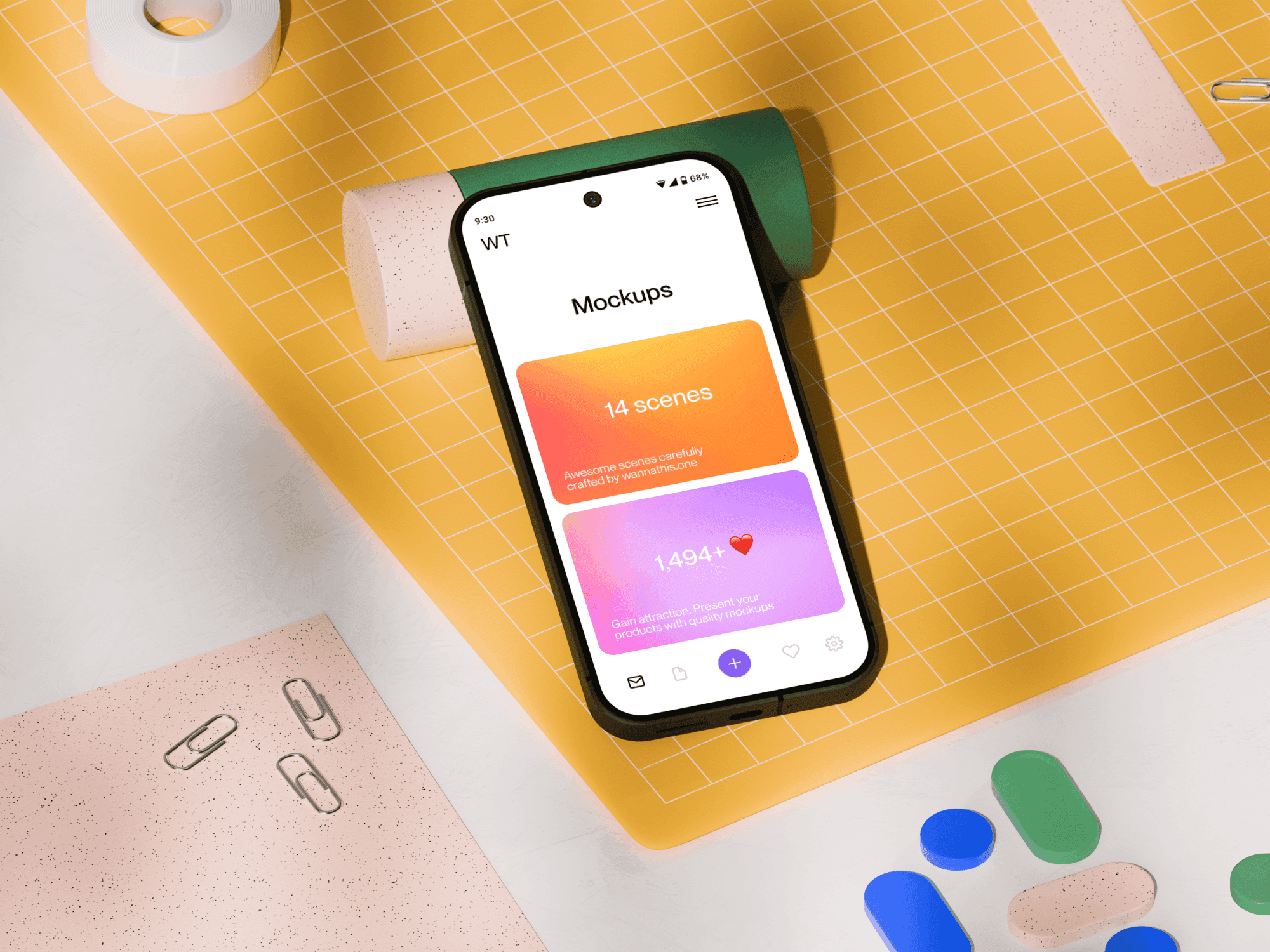 Google Pixel 9 Pro mockup on a yellow grid-patterned surface.
