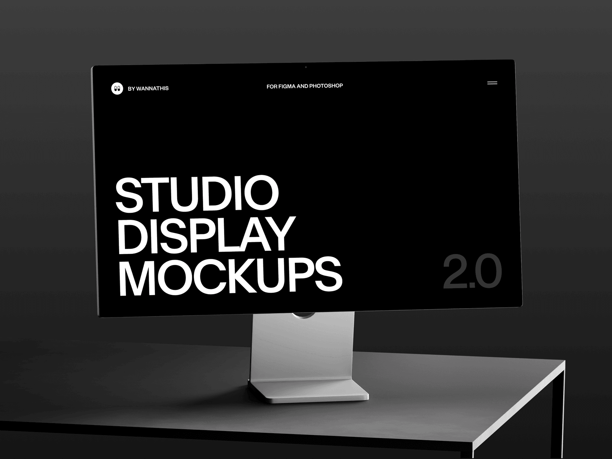 Studio display mockup on a sleek black desk with a modern minimalistic interface