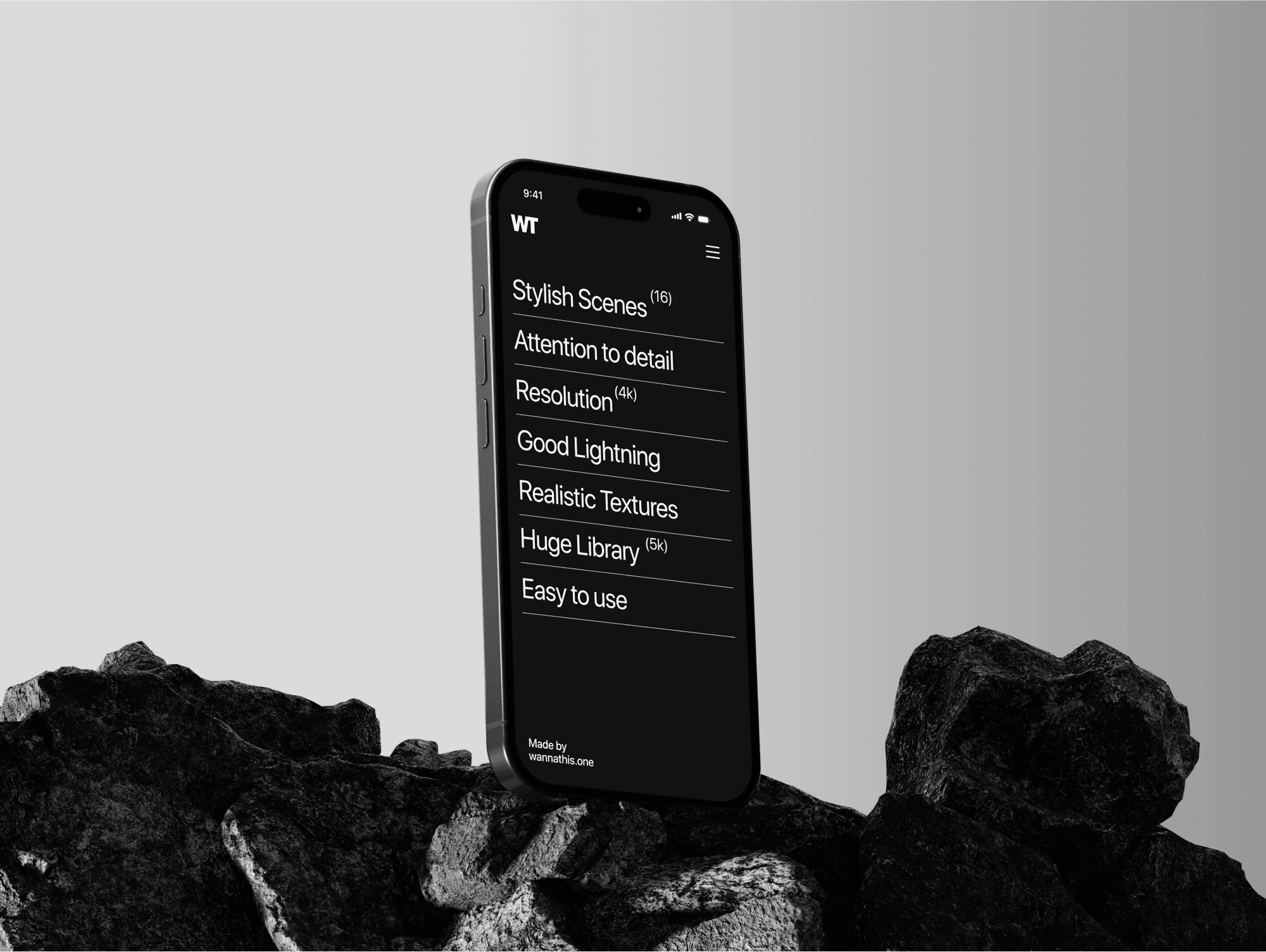 iPhone 16 Pro mockup standing on a rough rock surface