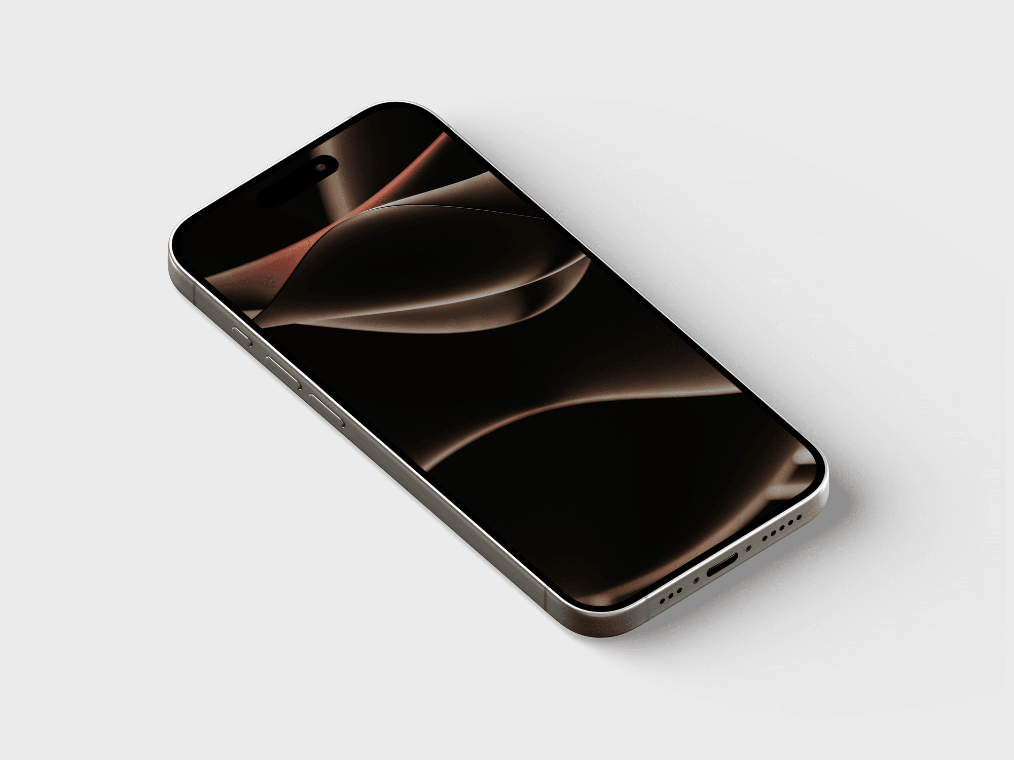 Flat lay of iPhone 15 Pro mockup displaying a premium dark wallpaper