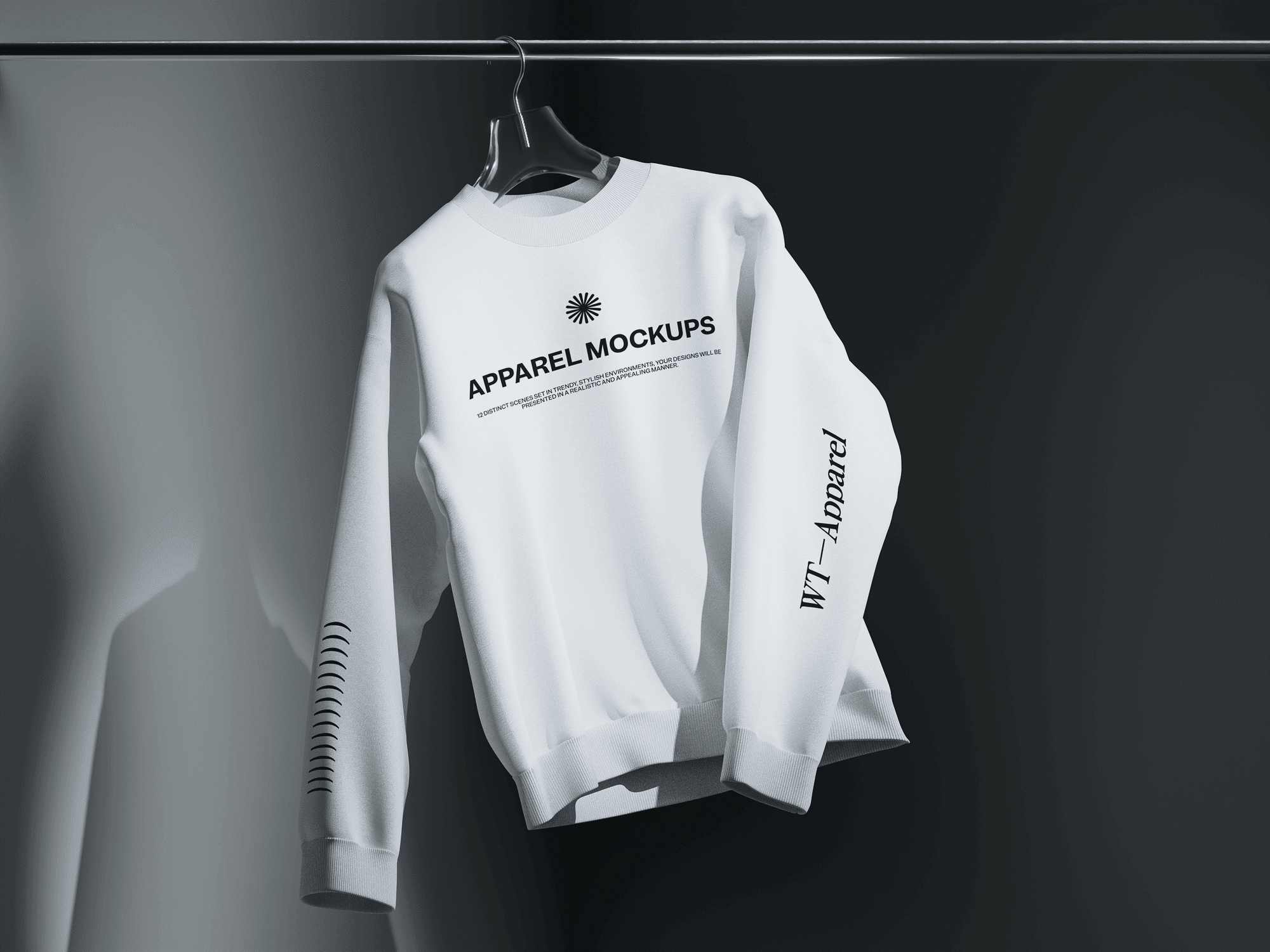 A white sweatshirt mockup hanging on a sleek black metal clothing rack with dramatic lighting.