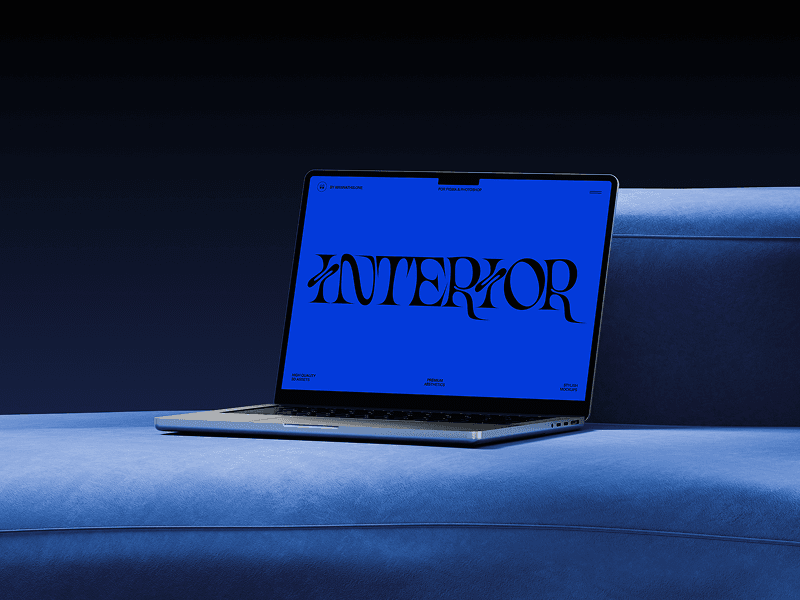 MacBook mockup on deep blue bench in a dark room lighting setup