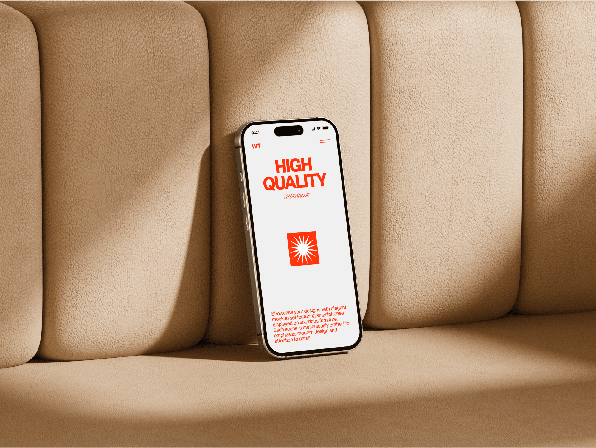 iPhone 16 mockup leaning against a light beige leather couch.