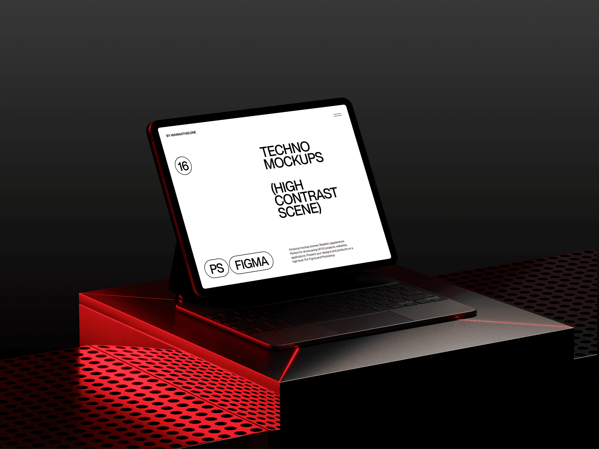 Tablet mockup resting on an industrial red grid surface