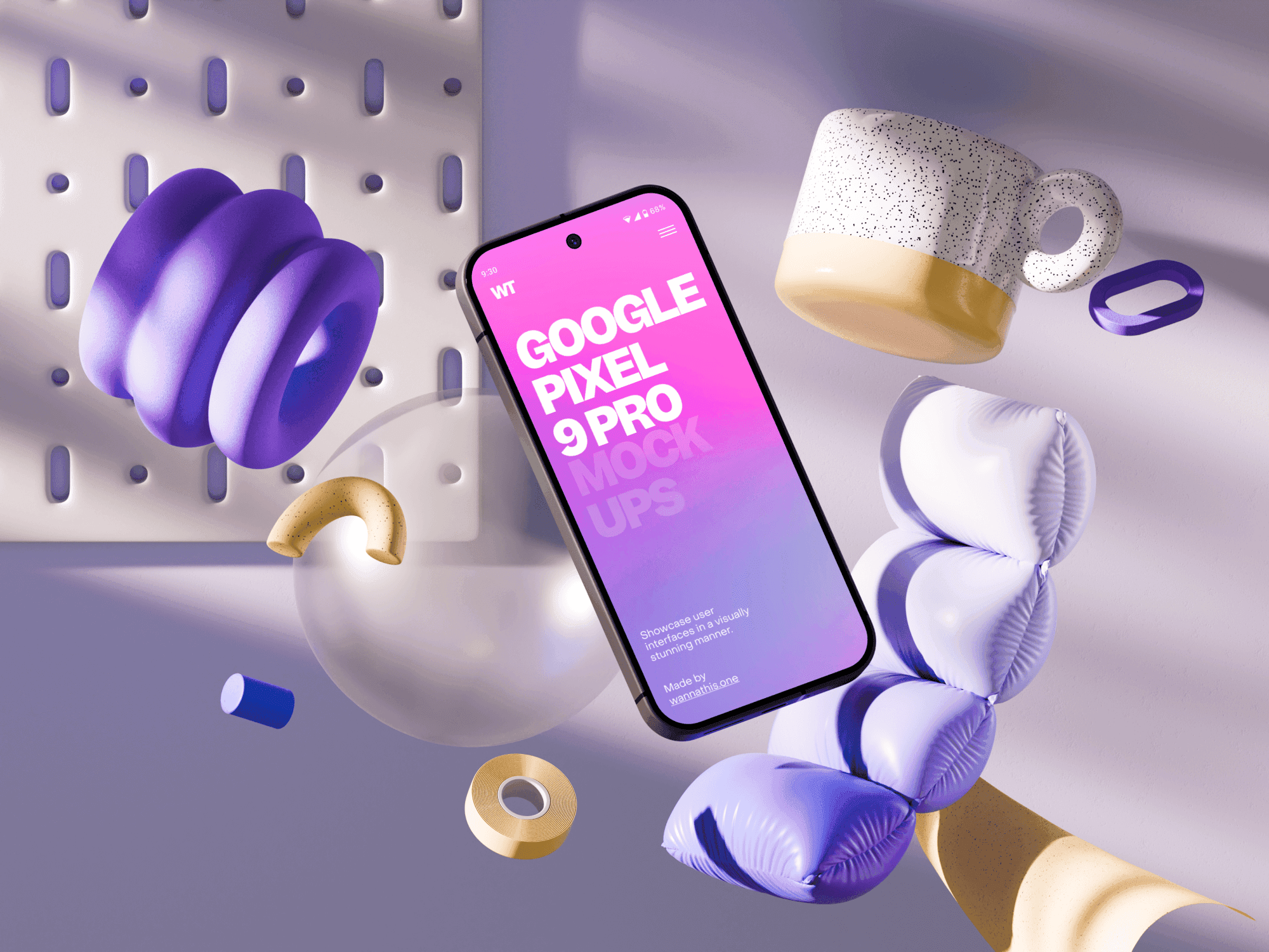 Floating Google Pixel 9 Pro mockup in a pastel-colored creative scene.